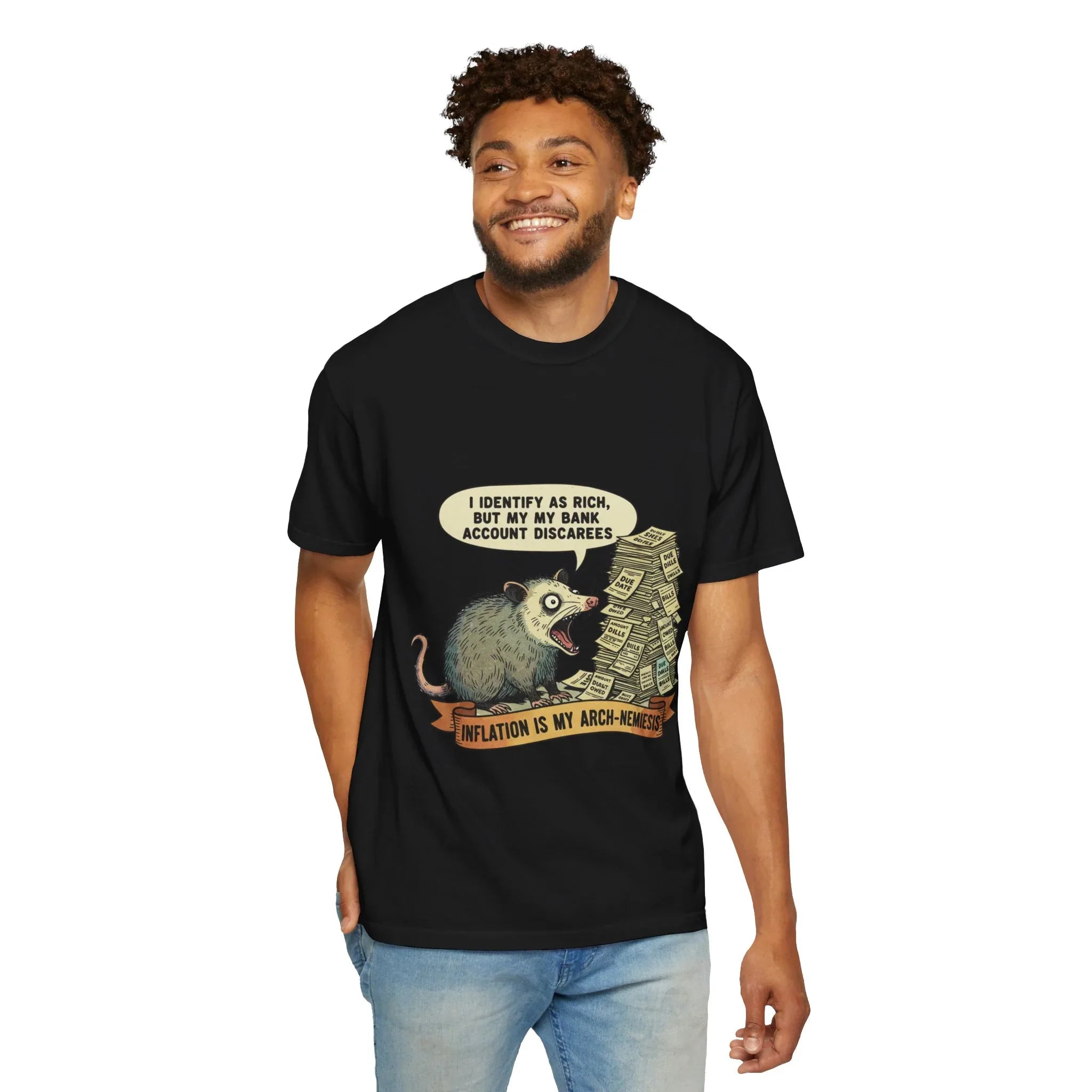 Funny Opossum Shirt - "Inflation Is My Arch-Nemesis" Tee - Relatable Financial Meme Gift - Sarcastic Possum T-Shirt - Screaming Trash Animal Budgeting Top Black