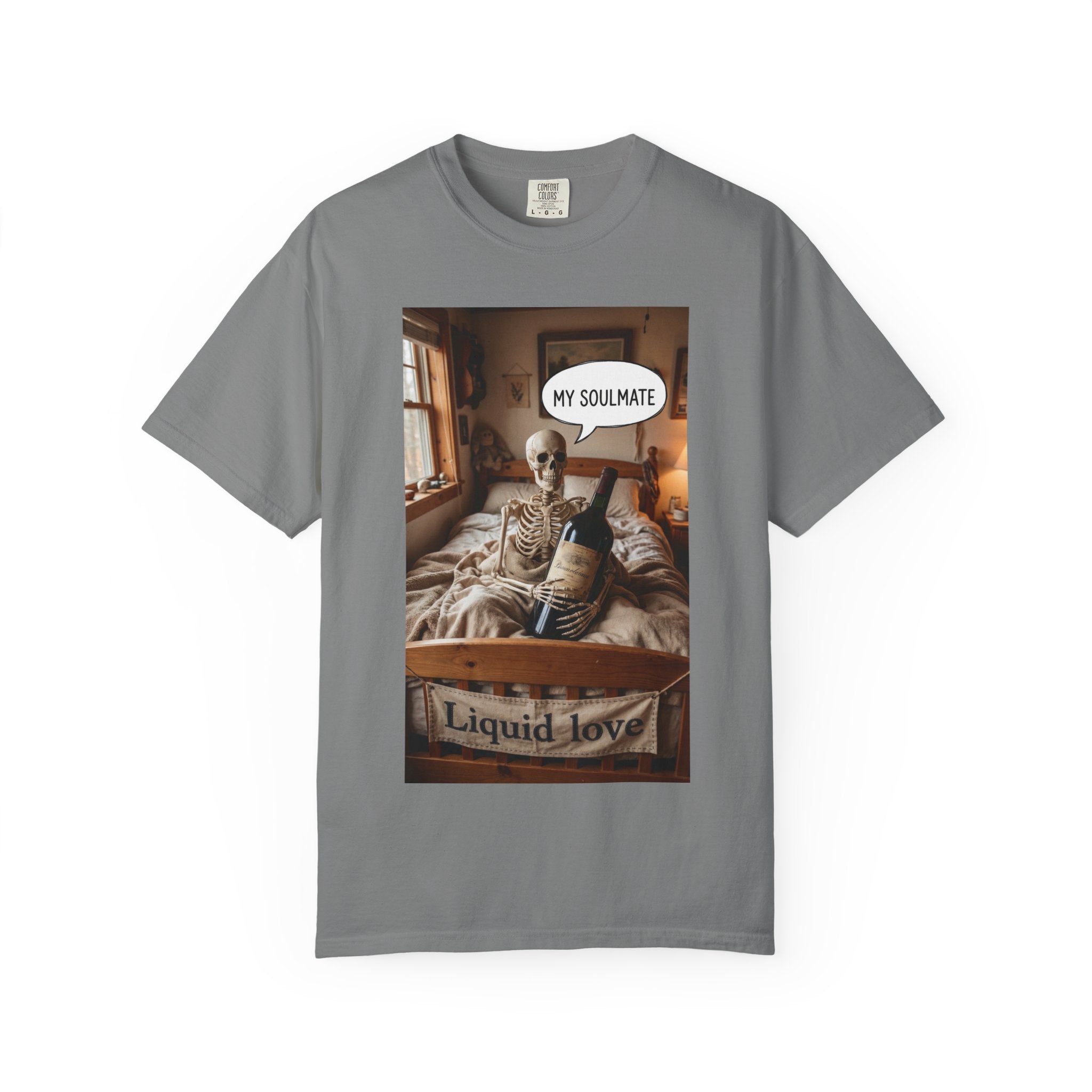 Liquid Love Skeleton Wine Shirt - Funny Soulmate Gift - Dark Humor T-Shirt - Gothic Cottagecore Graphic Tee - Sarcastic Wine Enthusiast Apparel Grey