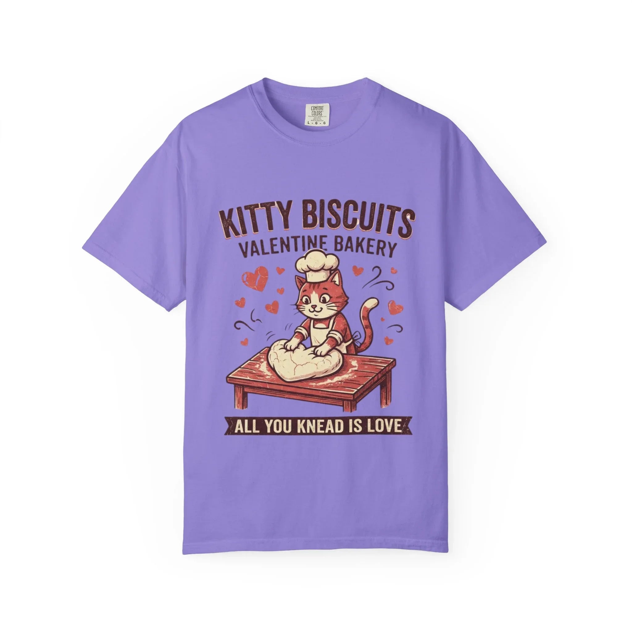 Kitty Biscuits T-Shirt | Valentine Bakery Cat All You Knead Is Love Graphic Tee Violet