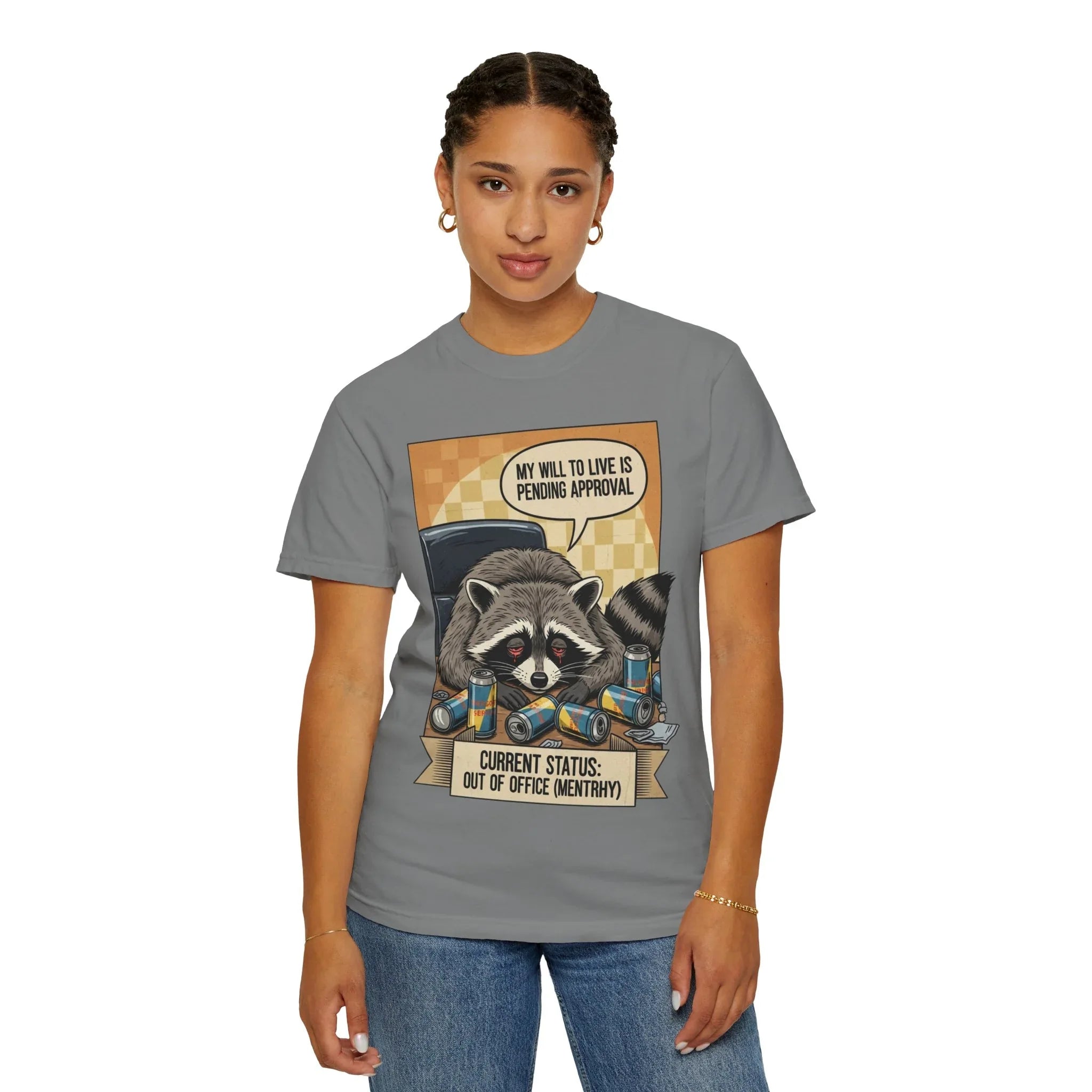 Funny Raccoon Shirt - Mentally Exhausted Office Tee - Retro Trash Panda Corporate Humor - Sarcastic "Pending Approval" T-Shirt - Relatable Coworker Gift & Work From Home Apparel