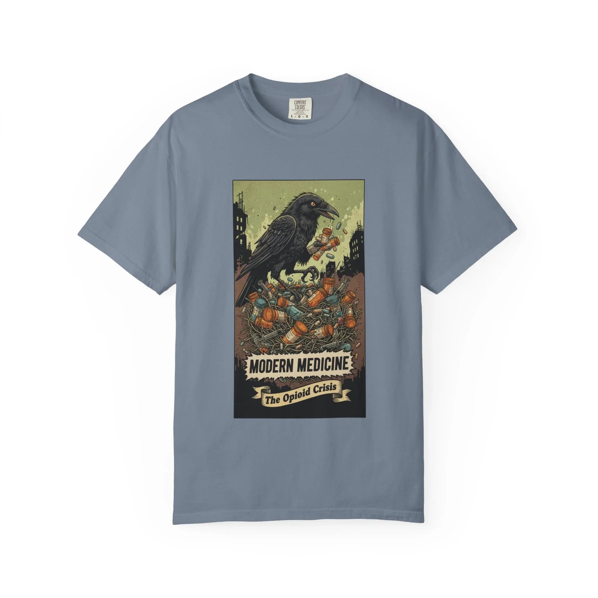 Modern Medicine Raven Shirt - Opioid Crisis Satire Tee - Dark Gothic Graphic T-Shirt - Vintage Social Commentary Art - Raven Nest Medicine Bottle Dark Humor Streetwear Blue Jean