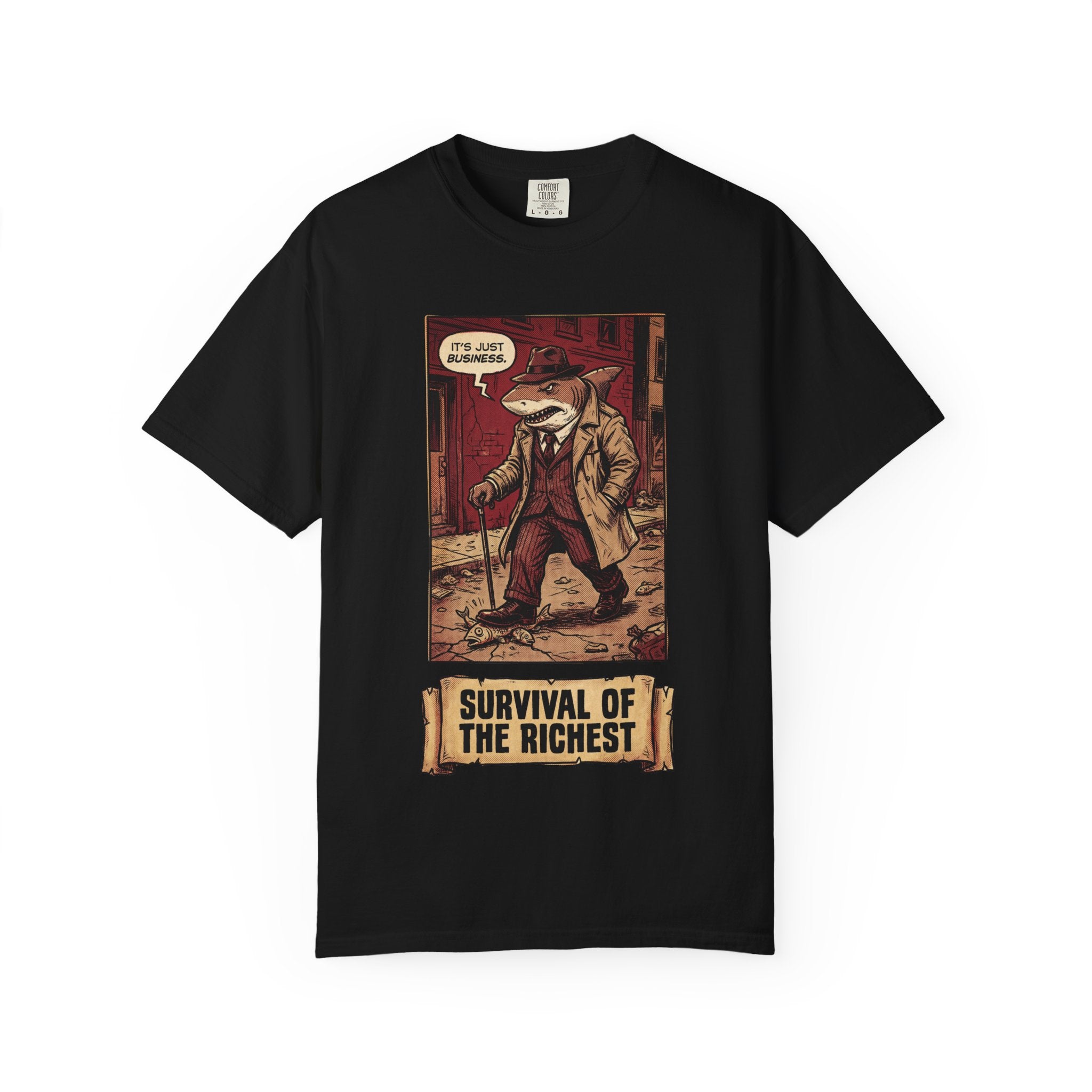 Survival of the Richest Shirt Vintage Business Shark Tee Retro Comic Style Satirical Graphic Top Dark Humor Mafia Art Gift Black