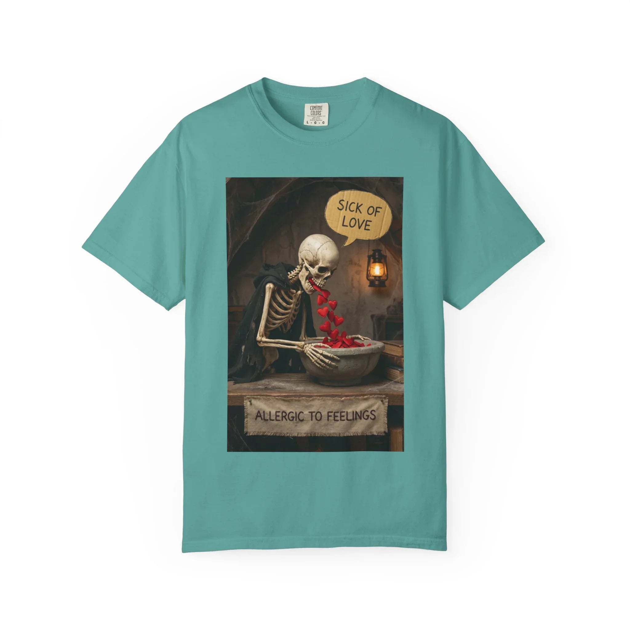 Sick of Love" Allergic To Feelings Vintage Skeleton T-Shirt - Premium Dark Humor Apparel Seafoam