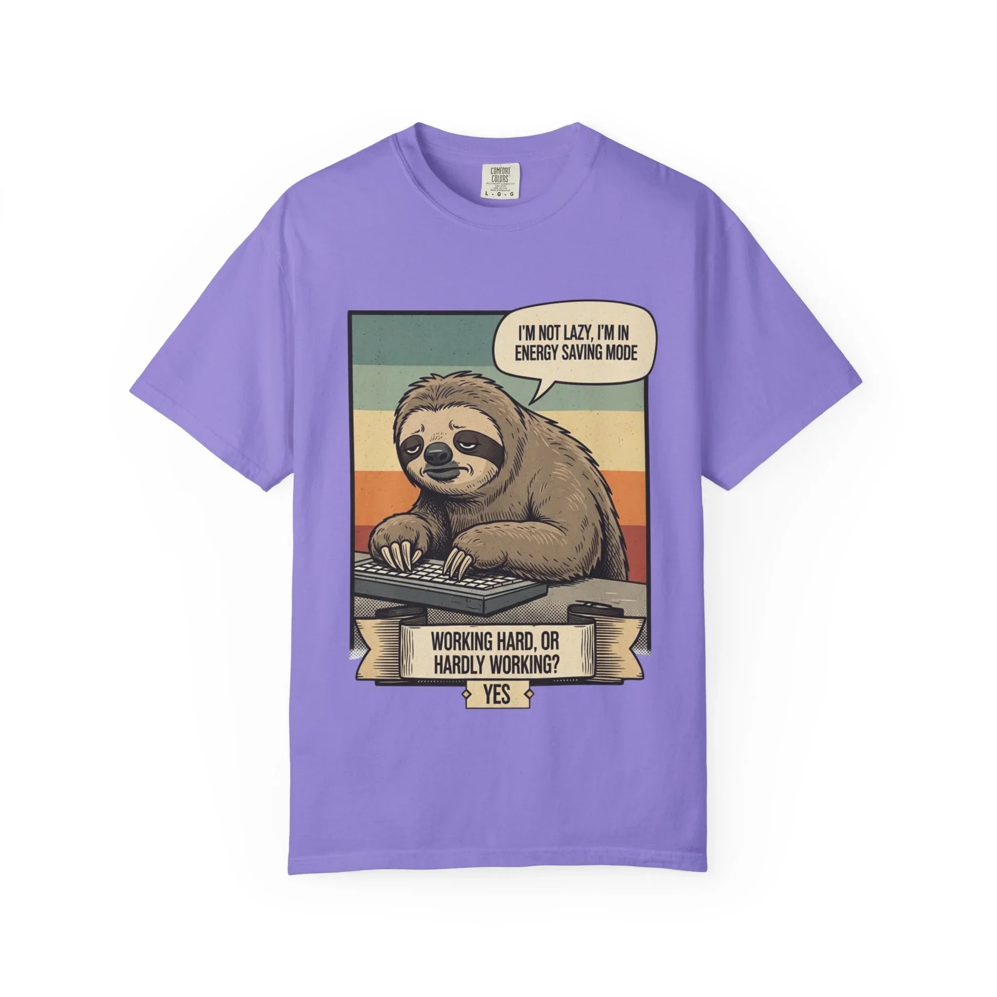 Funny Sloth Shirt - "I'm In Energy Saving Mode" T-Shirt - Office Humor Gift for Coworker - Lazy Animal Tee - Work From Home Graphic Tee - Retro Style Sloth Top Violet