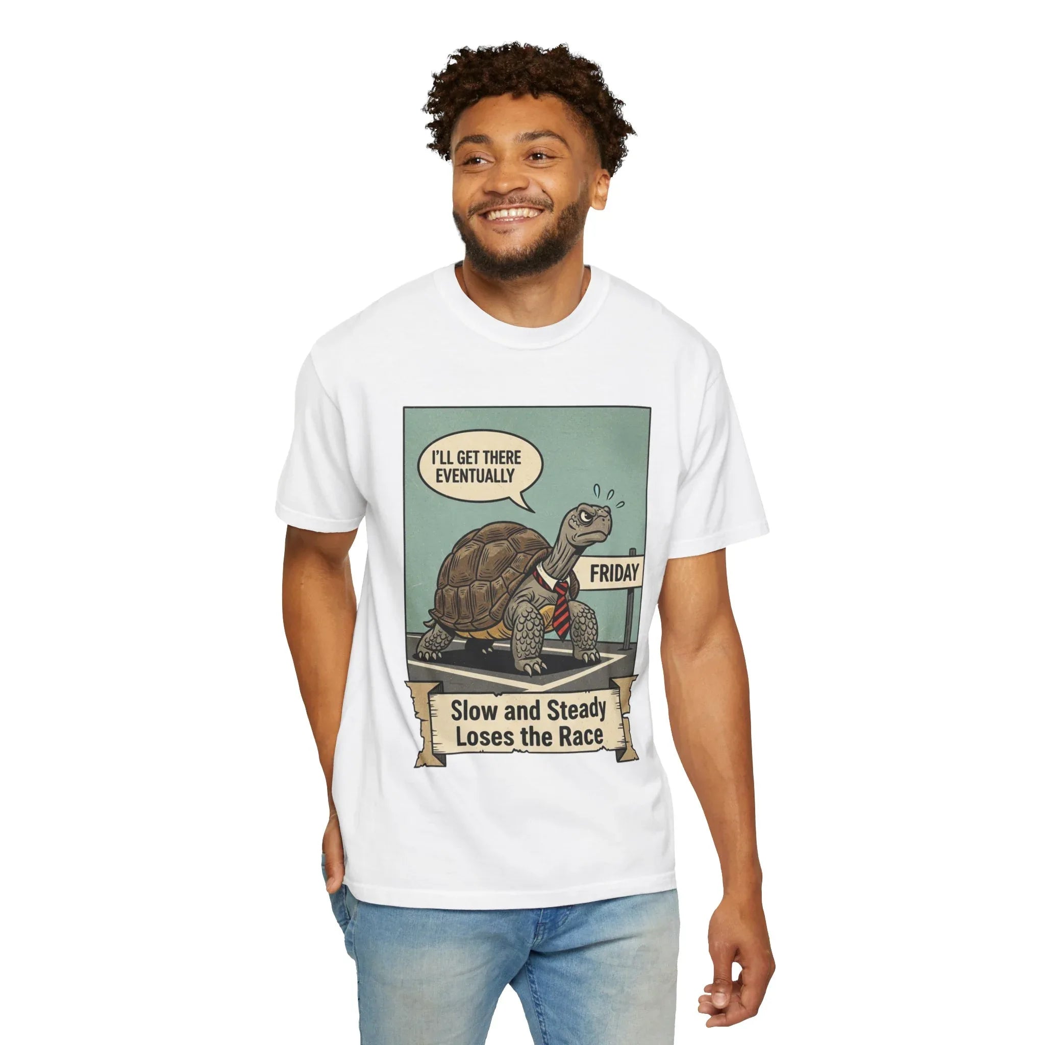 Funny Friday Shirt - Office Humor T-Shirt - Corporate Turtle Tee - Weekend Vibes Gift - "Slow and Steady Loses the Race" - Retro Animal Art Work Sarcasm Top