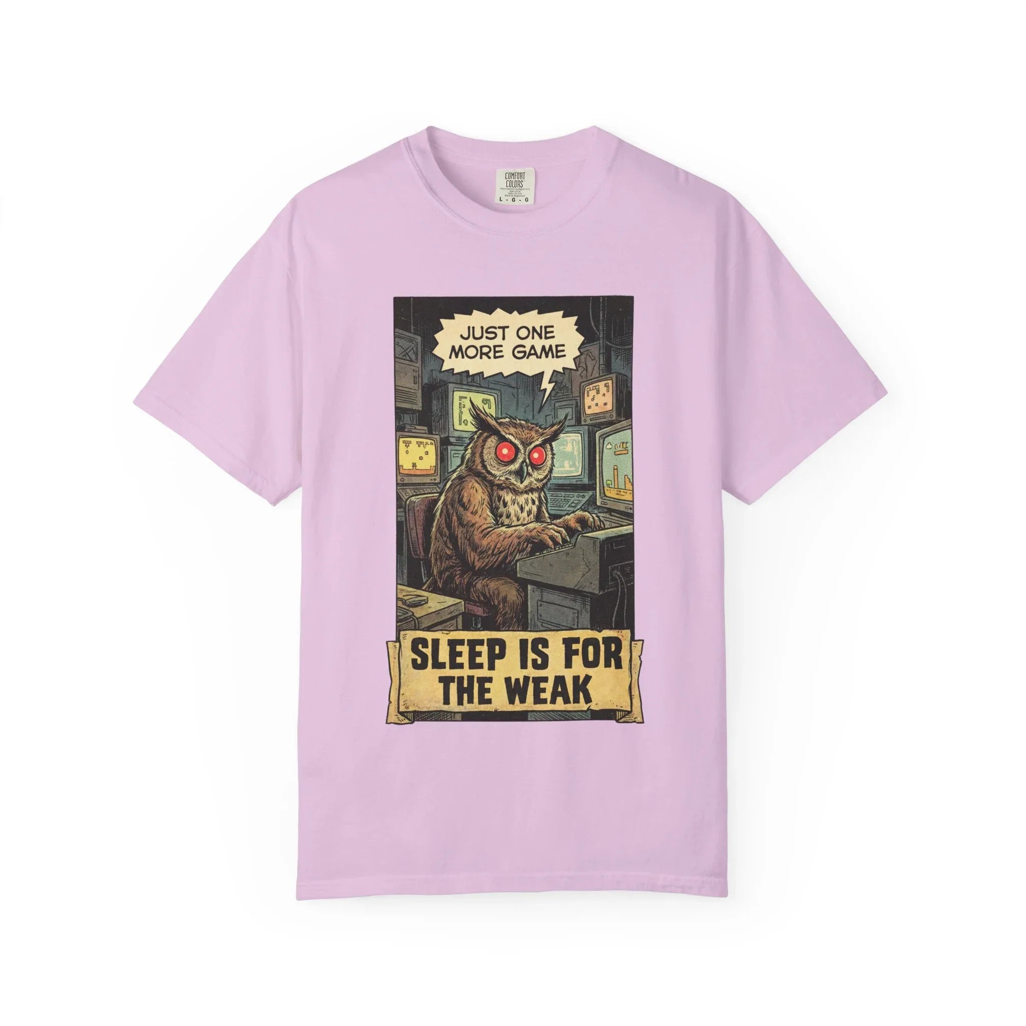 Funny Gamer Owl Shirt - "Just One More Game" Retro T-Shirt - Sarcastic Sleep is for the Weak Graphic Tee - Vintage Night Owl Gaming Gift - Gamer Husband & Boyfriend Gift Orchid