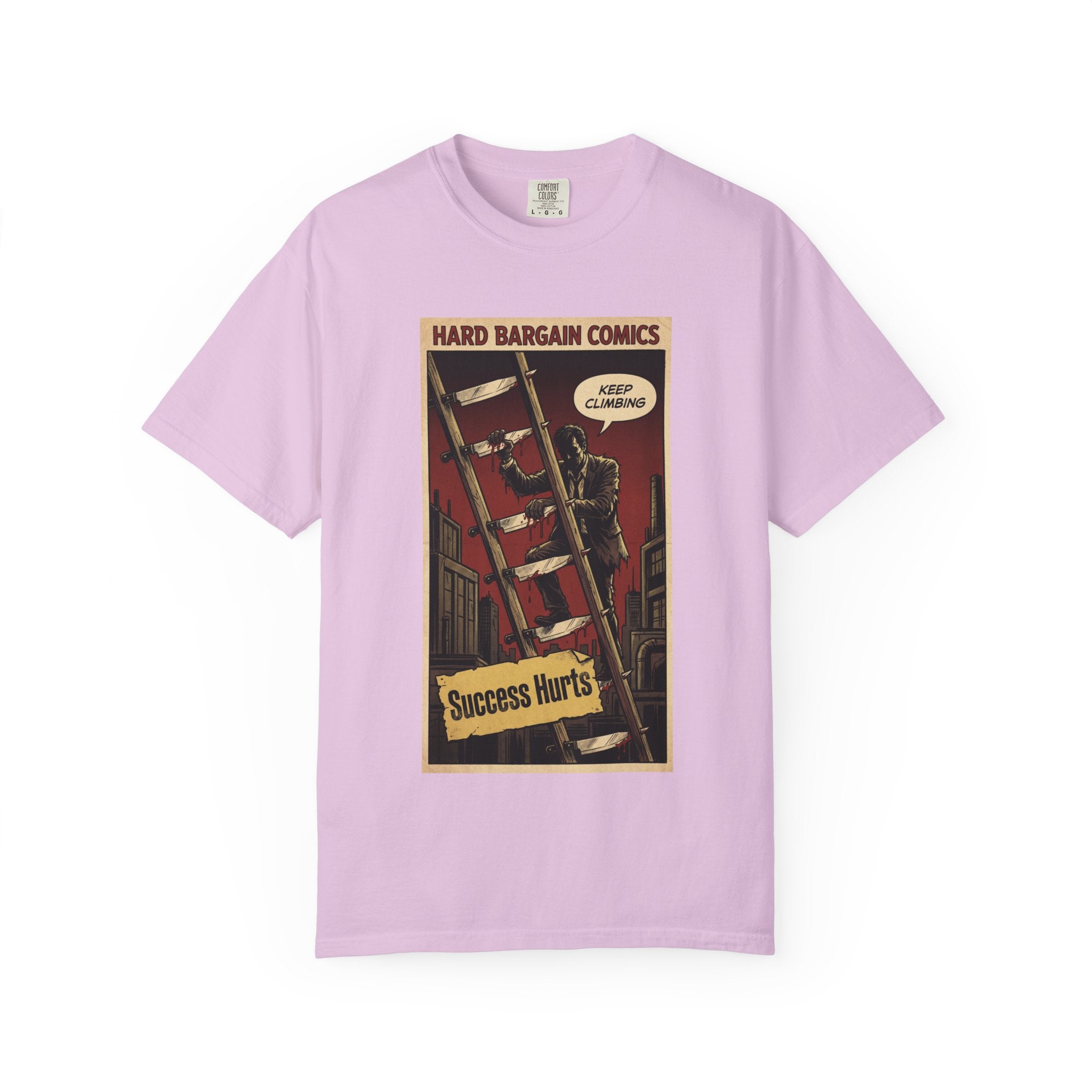Success Hurts T-Shirt - Keep Climbing Hard Bargain Comic Tee - Vintage Retro Streetwear - Edgy Motivational Hustle Shirt - Grunge Graphic Apparel Orchid