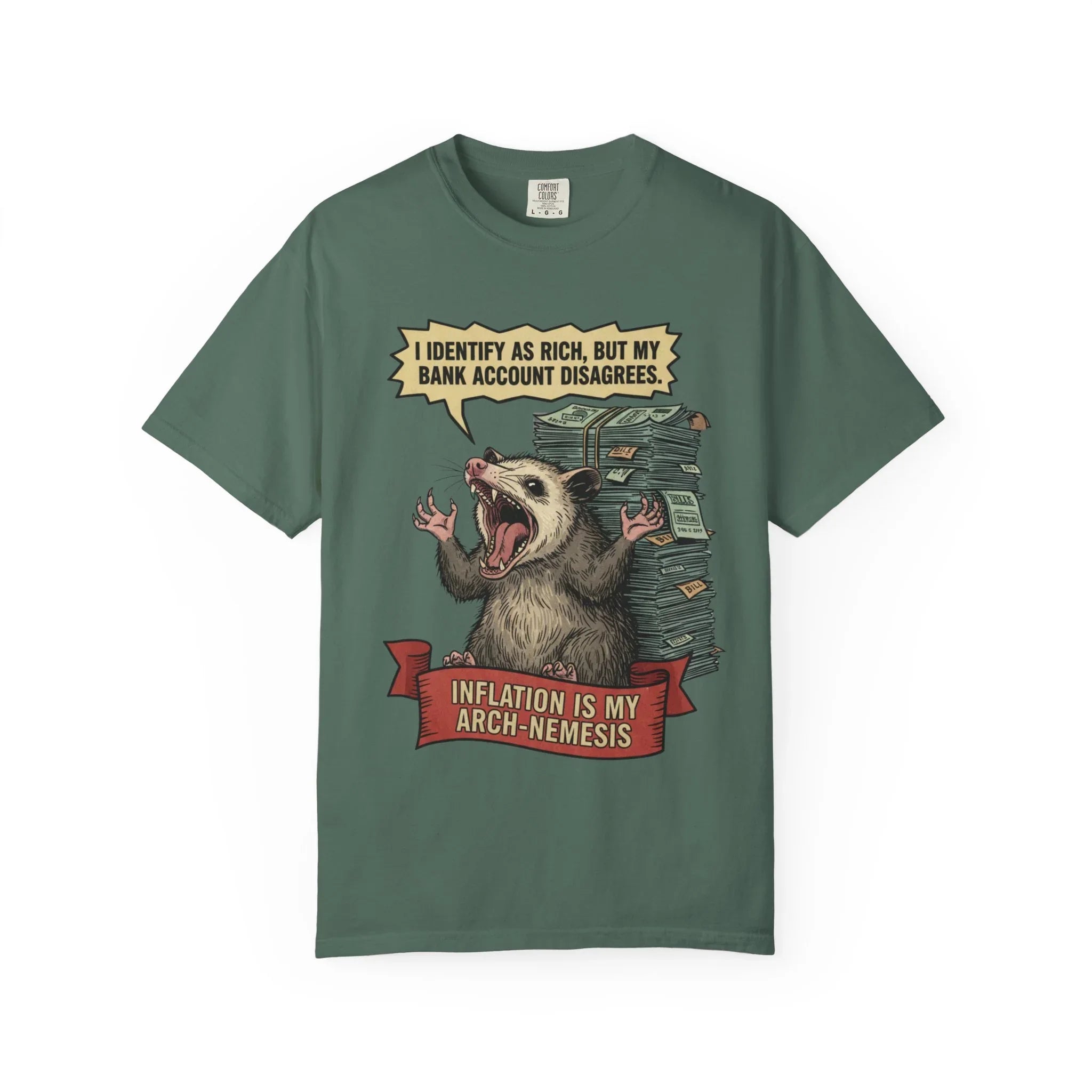 Funny Opossum Shirt - "I Identify As Rich" Inflation Meme Gift - Screaming Possum Hoodie - Relatable Money Humor T-Shirt - Vintage Style Animal Top Blue Spruce