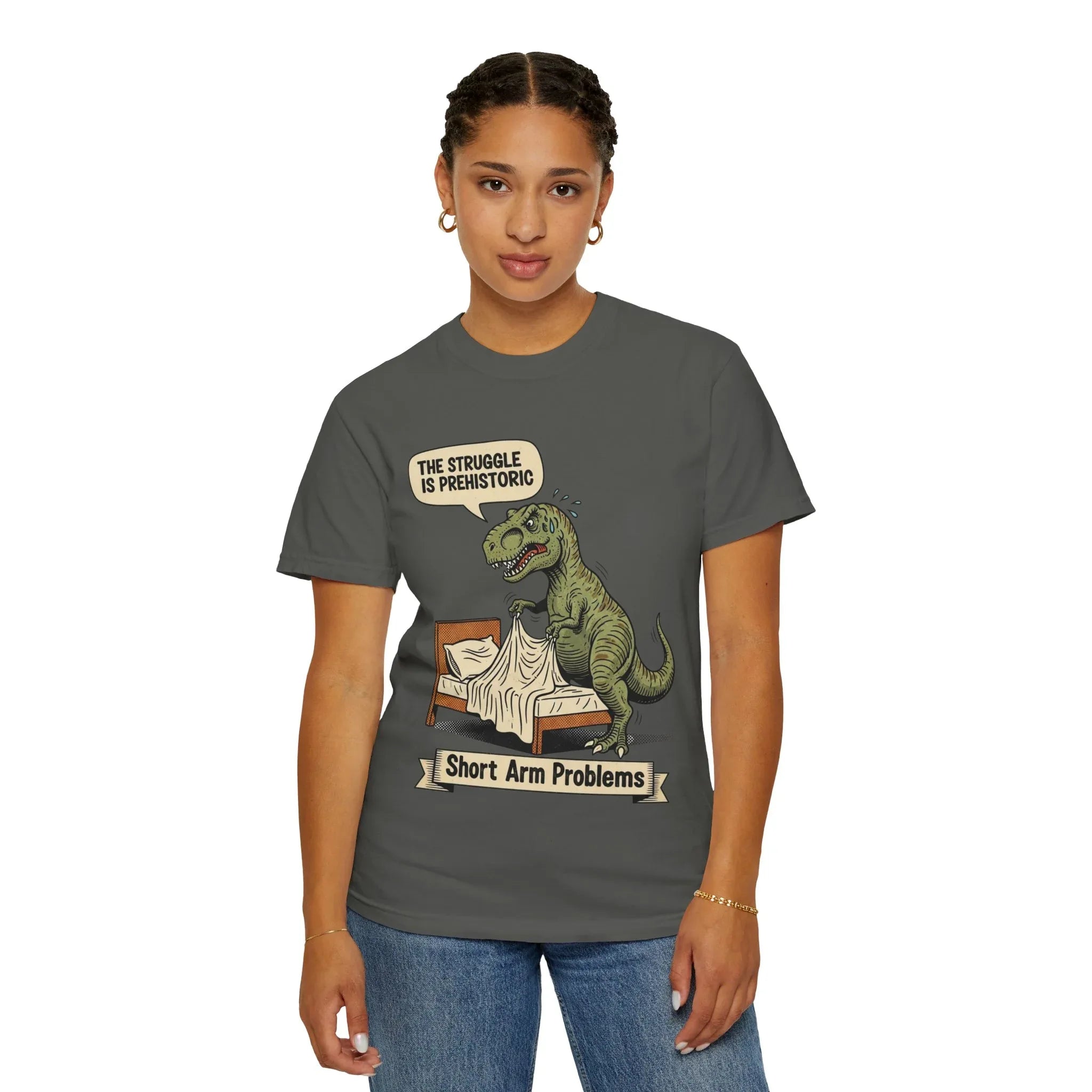 Funny T-Rex Shirt - "The Struggle Is Prehistoric" Graphic Tee - Short Arm Problems Meme Tshirt - Vintage Dinosaur Humorous Gift for Him & Her - Retro Comic Style Top