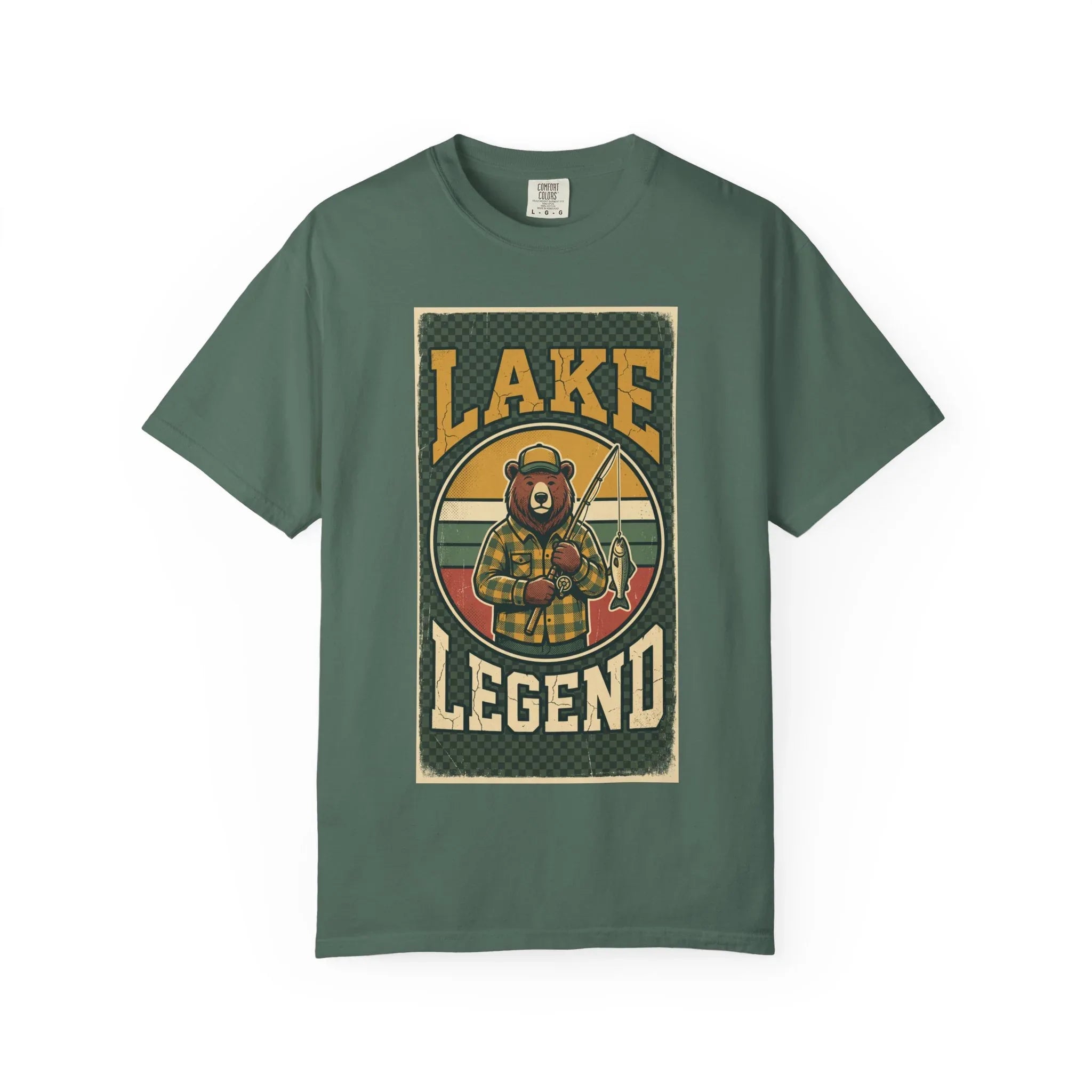 Lake Legend Bear Fishing T-Shirt | Retro Outdoors Graphic Tee | Vintage Cabin Lake Life Shirt | Garment-Dyed Heavyweight Unisex Blue Spruce