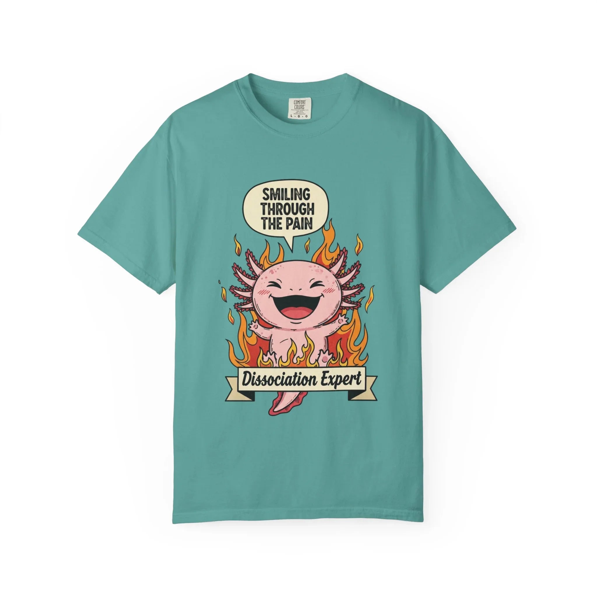 Funny Axolotl Shirt - "Dissociation Expert" Graphic Tee - Smiling Through The Pain Shirt - Mental Health Dark Humor Gift - Vintage Comfort Colors Style Oversized Top Seafoam