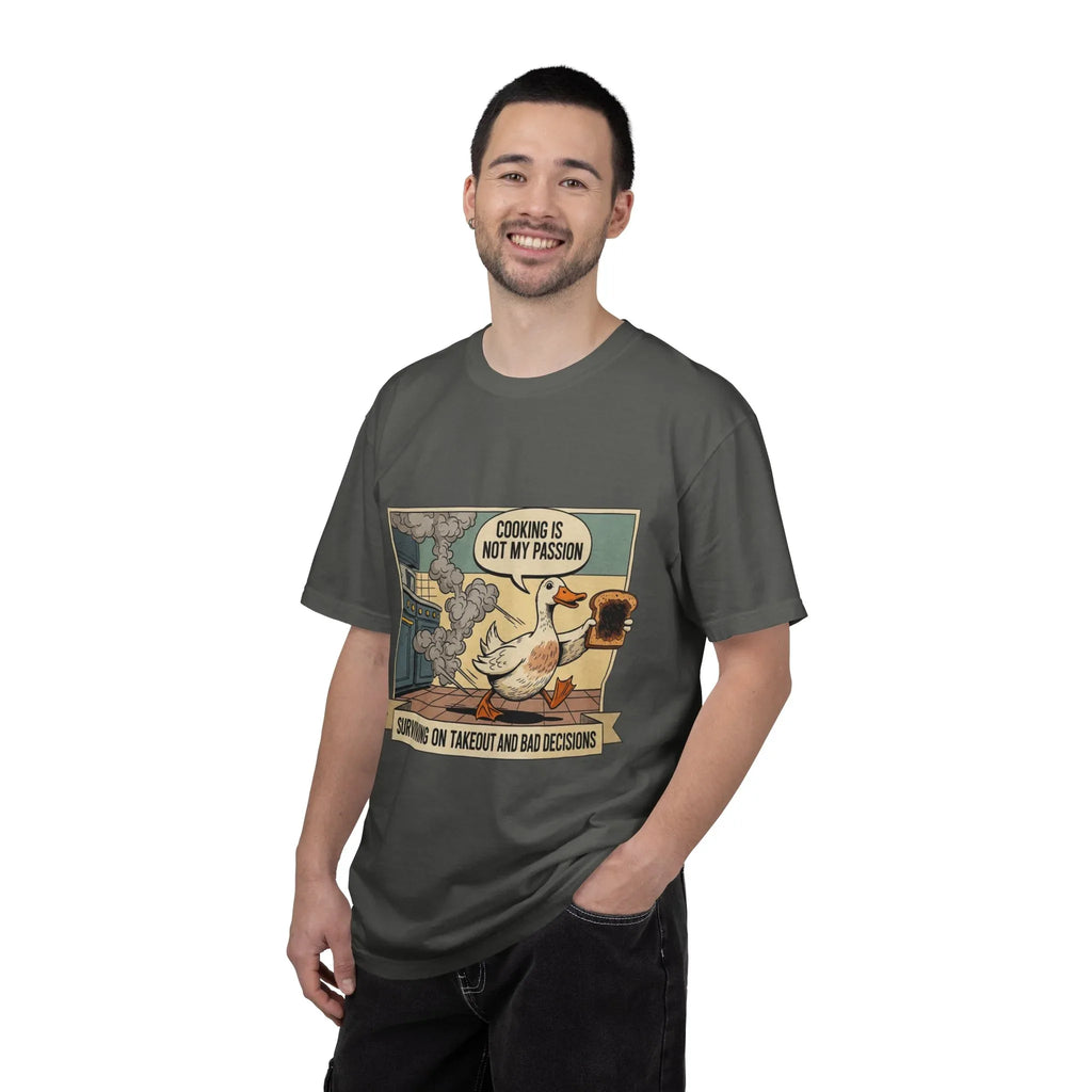 Funny Duck Cooking Shirt - "Cooking Is Not My Passion" Retro Tee - Sarcastic Kitchen Fail Graphic T-Shirt - Vintage Cartoon Foodie Gift - Surviving On Takeout Humorous Top