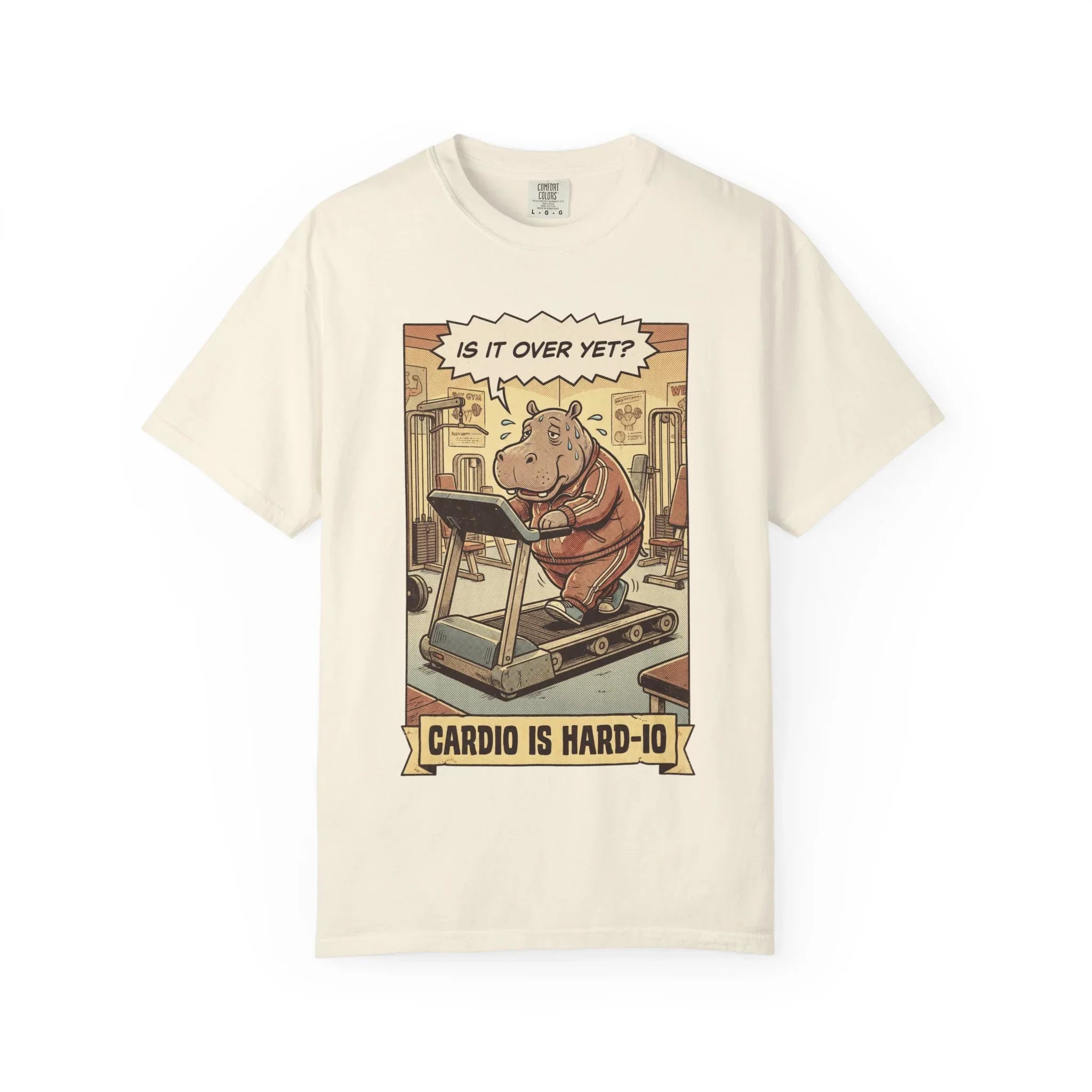 Funny Hippo Gym Shirt - "Cardio is Hard-io" Retro Workout Tee - Sarcastic Fitness Graphic T-Shirt - Vintage Runner & Weightlifter Gift - Humorous Exercise Streetwear Ivory