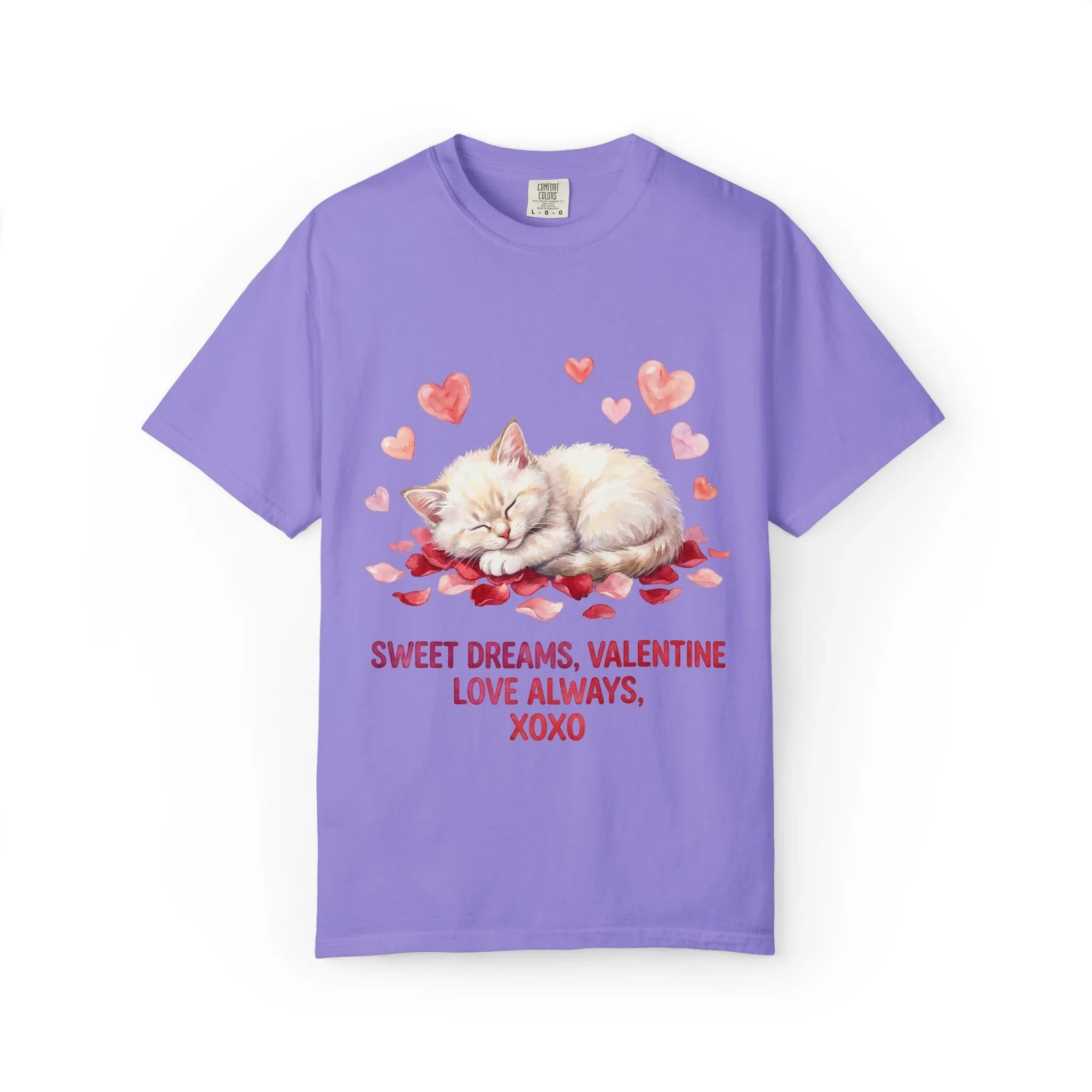 Sweet Dreams Valentine Kitten T Shirt Cute Sleeping Cat Hearts Watercolor Cozy Aesthetic Gift for Cat Lovers Soft VintageCotton Romantic Tee Violet