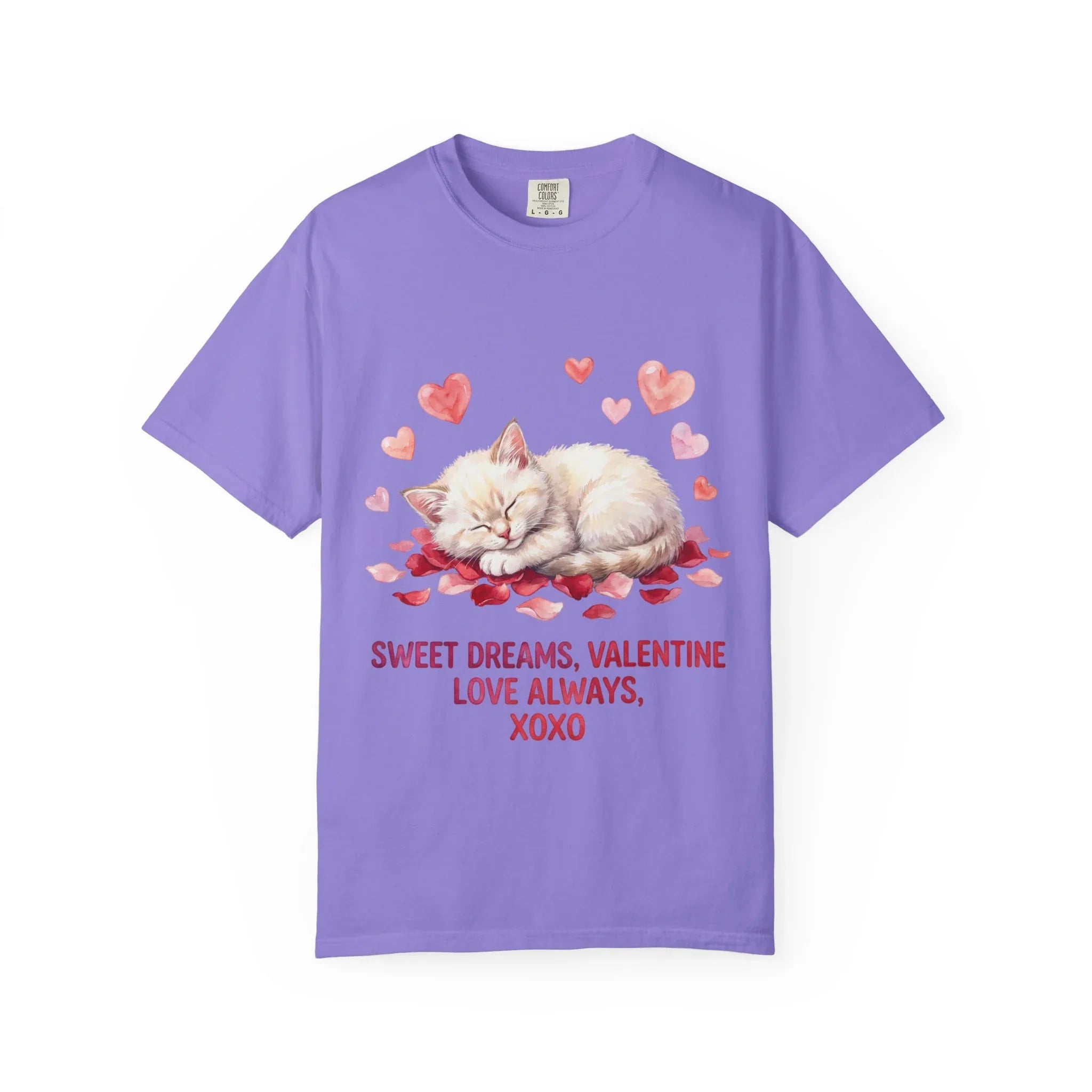 Sweet Dreams Valentine Kitten T Shirt Cute Sleeping Cat Hearts Watercolor Cozy Aesthetic Gift for Cat Lovers Soft VintageCotton Romantic Tee Violet
