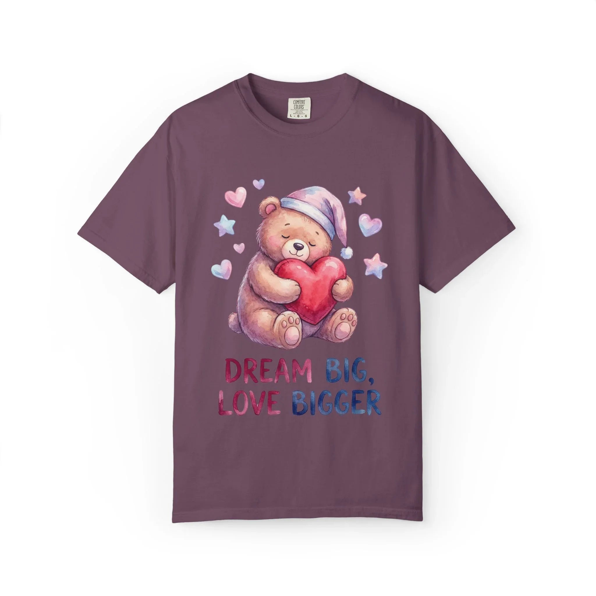 Teddy Bear Holding Heart Dream Big Love Bigger T Shirt Watercolor Cozy Vintage Aesthetic Gift Lovers Soft Cotton Motivational Tee Berry M