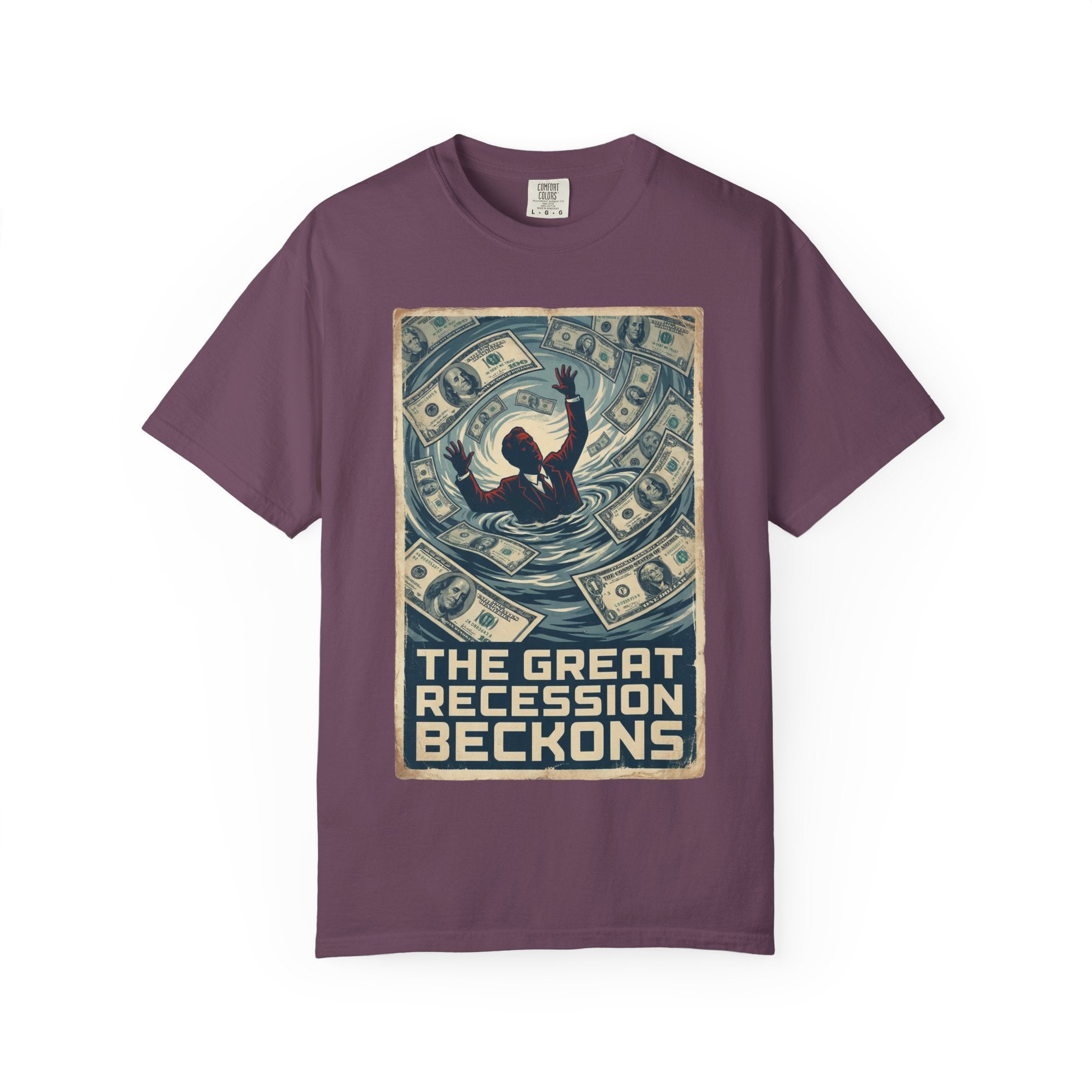💰The Great Recession Beckons T-Shirt - Vintage Retro Propaganda Art - Economic Satire Tee - Distressed Financial Crisis Shirt - Aesthetic Streetwear Berry