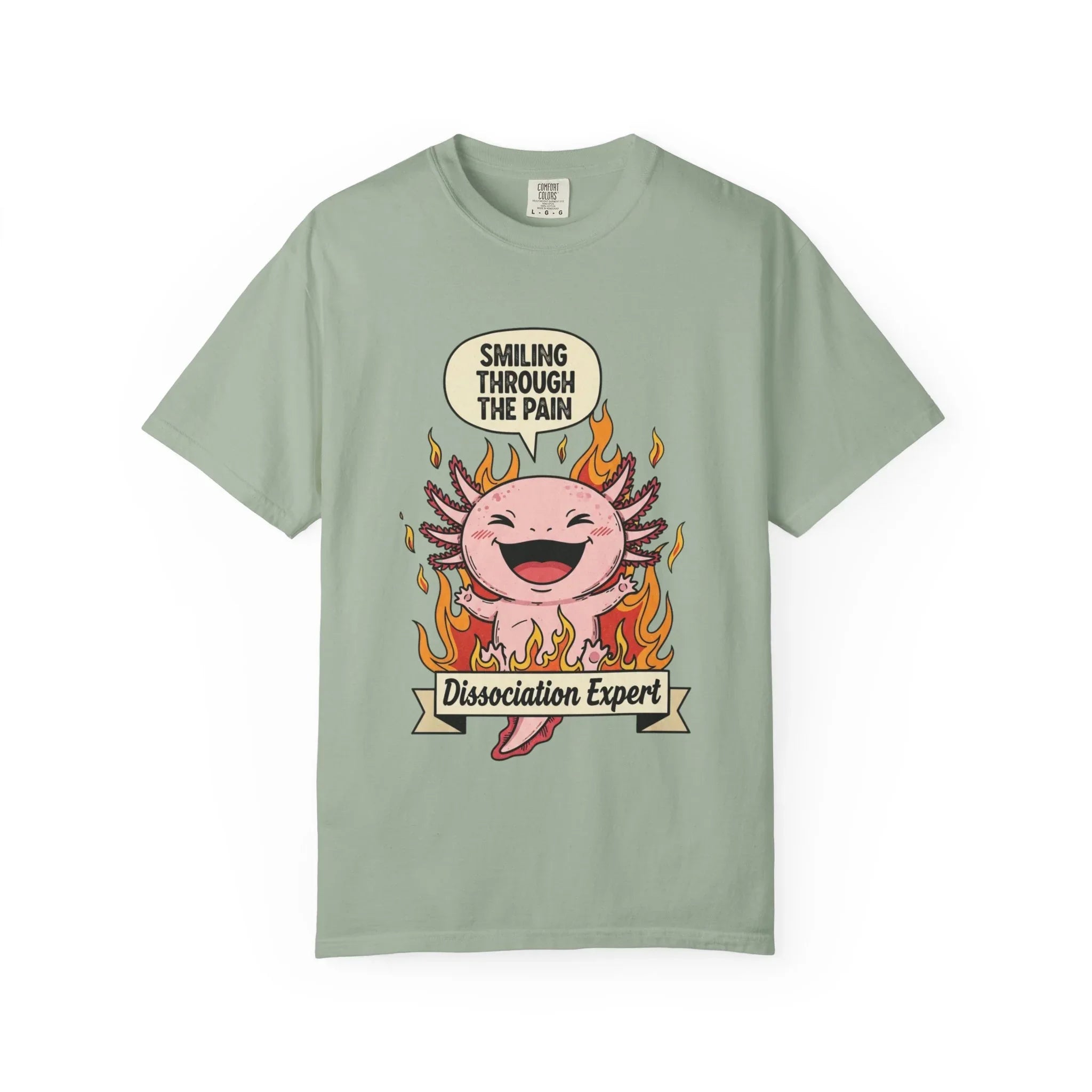 Funny Axolotl Shirt - "Dissociation Expert" Graphic Tee - Smiling Through The Pain Shirt - Mental Health Dark Humor Gift - Vintage Comfort Colors Style Oversized Top Bay