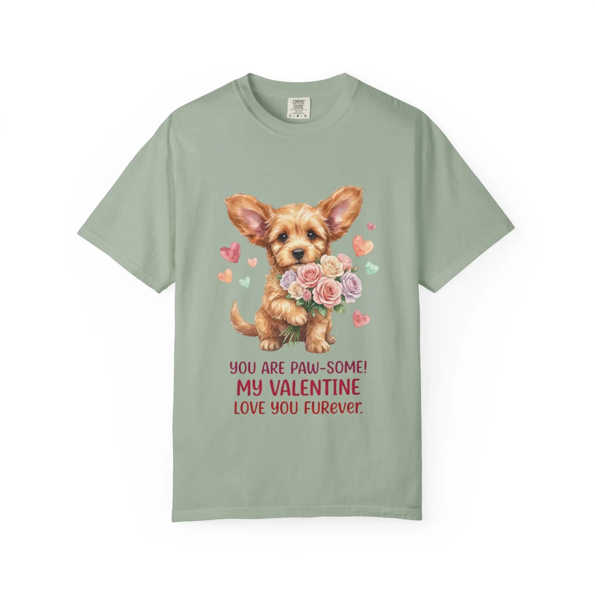 Cute Puppy Holding Roses Valentine T Shirt Paw-some Love You Furever Watercolor Cozy Vintage Aesthetic Gift Dog Lovers Soft Cotton Romantic Bay