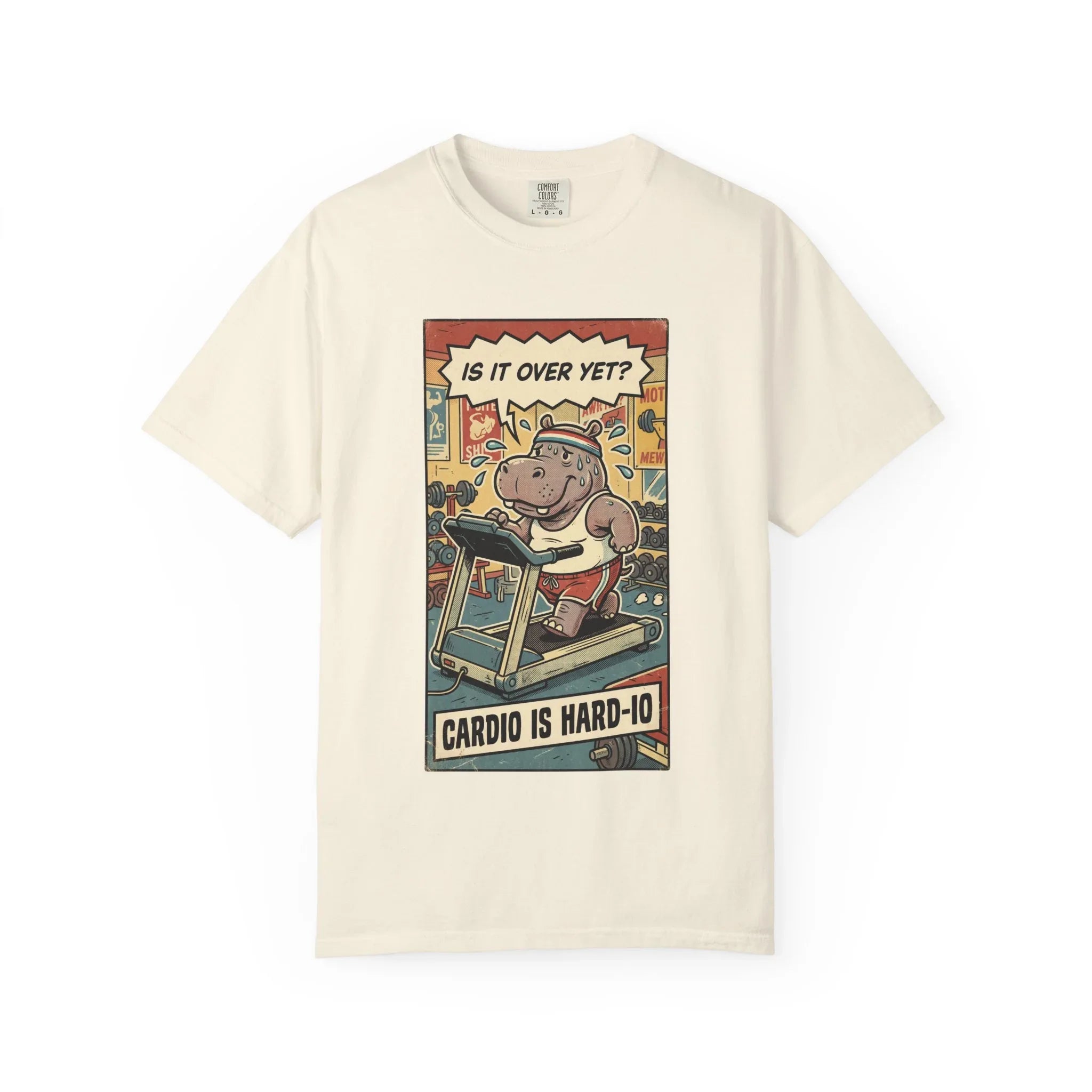 Funny Hippo Cardio Shirt - "Cardio is Hard-io" Retro Gym Tee - Vintage Sarcastic Workout T-Shirt - Humorous Exercise Fitness Gift - Distressed Comic Style Streetwear Ivory