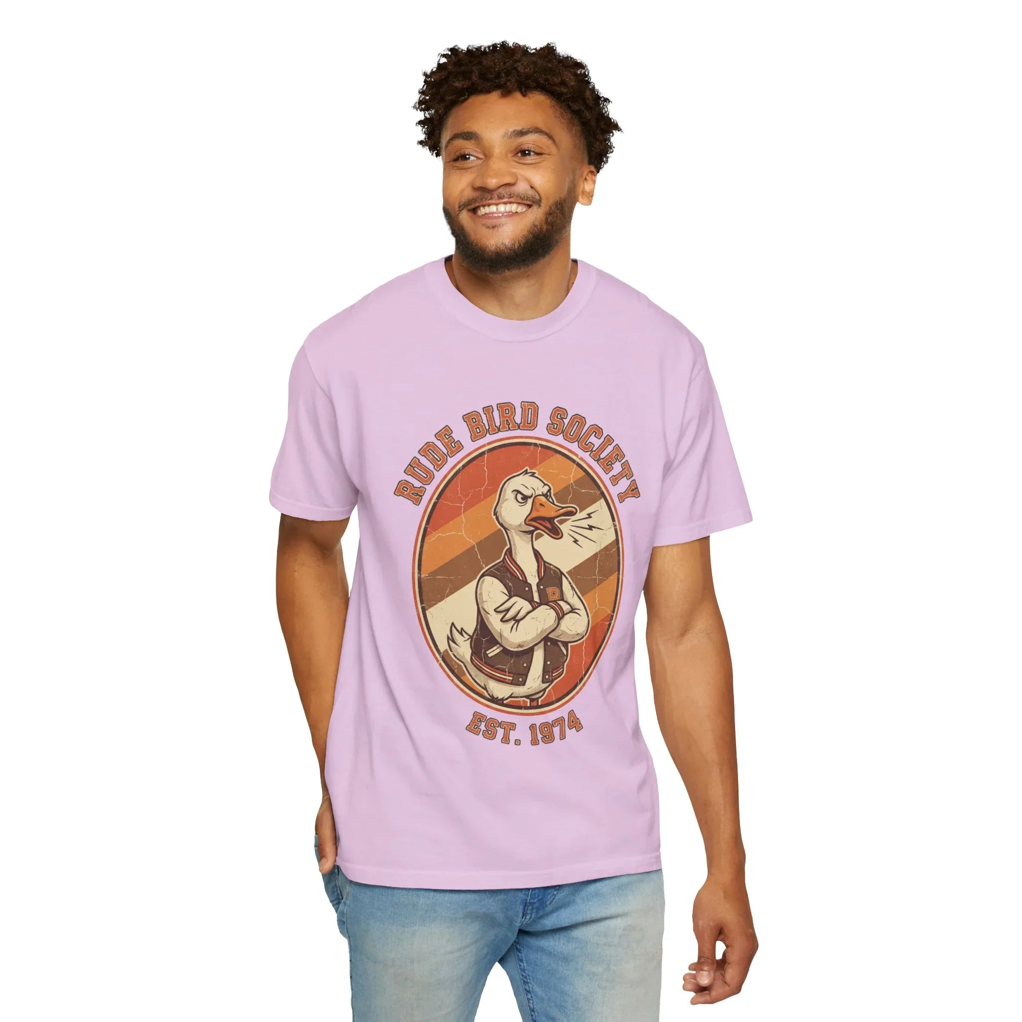 Dude Bird Society Goose T-Shirt | Retro Vintage Badge Est 1974 | Sunset Stripes Graphic | Garment-Dyed Heavyweight Unisex Orchid