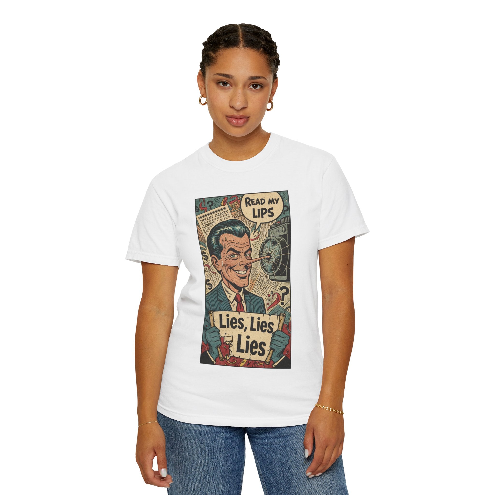 Lies Lies Lies T-Shirt - Read My Lips Satire Tee - Funny Pinocchio Political Shirt - Vintage Comic Graphic - Sarcastic Truth Tee