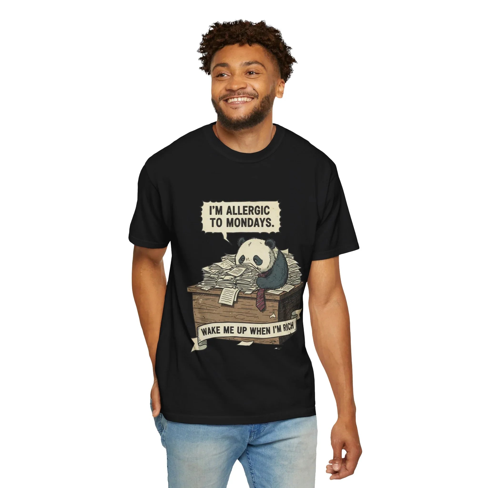 Funny Panda Shirt - "I'm Allergic To Mondays" Office Humor Tee - Sarcastic Work T-Shirt - Wake Me Up When I Am Rich Hoodie - Relatable Coworker & Student Gift Black