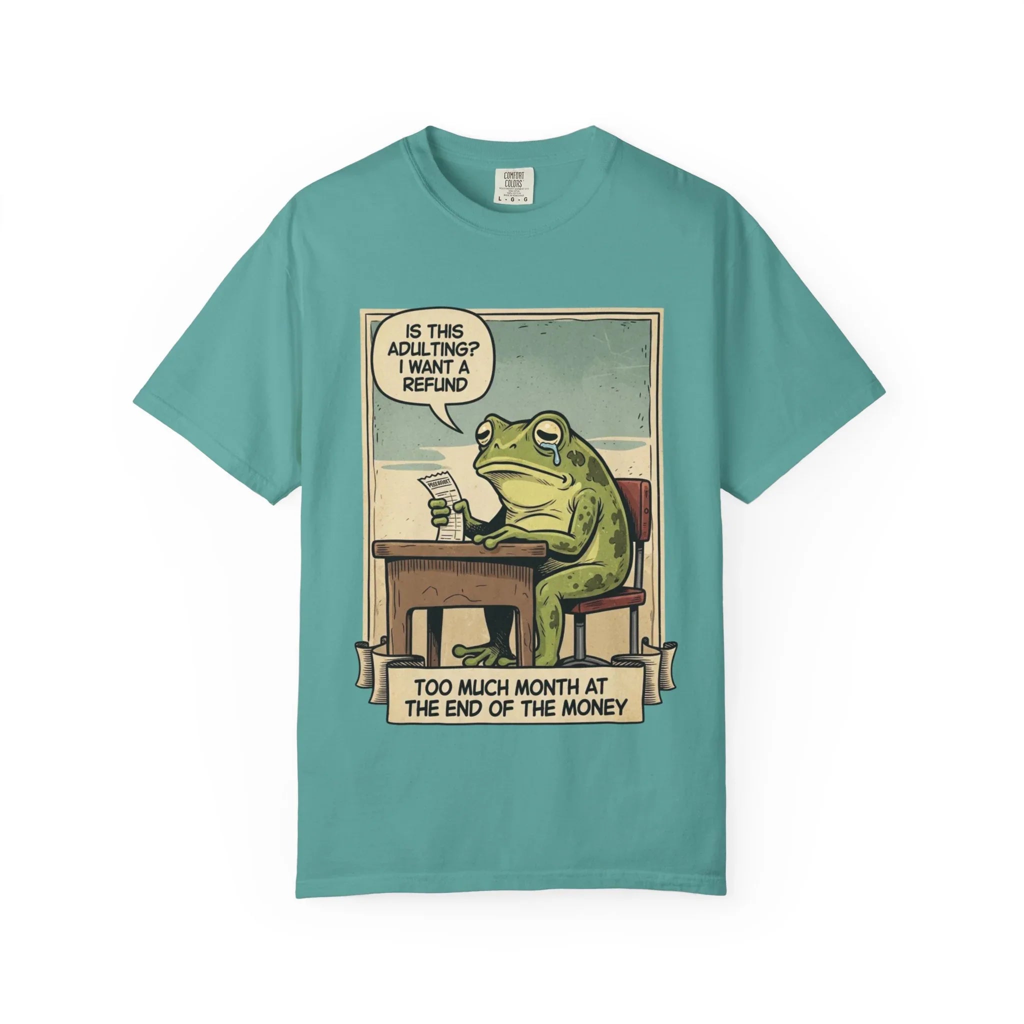 Funny Adulting Shirt - Sad Frog Meme Hoodie - "Too Much Month at the End of My Money" Sweatshirt - Vintage Aesthetic Millennial Financial Humor - Relatable Broke Friend Gift Seafoam