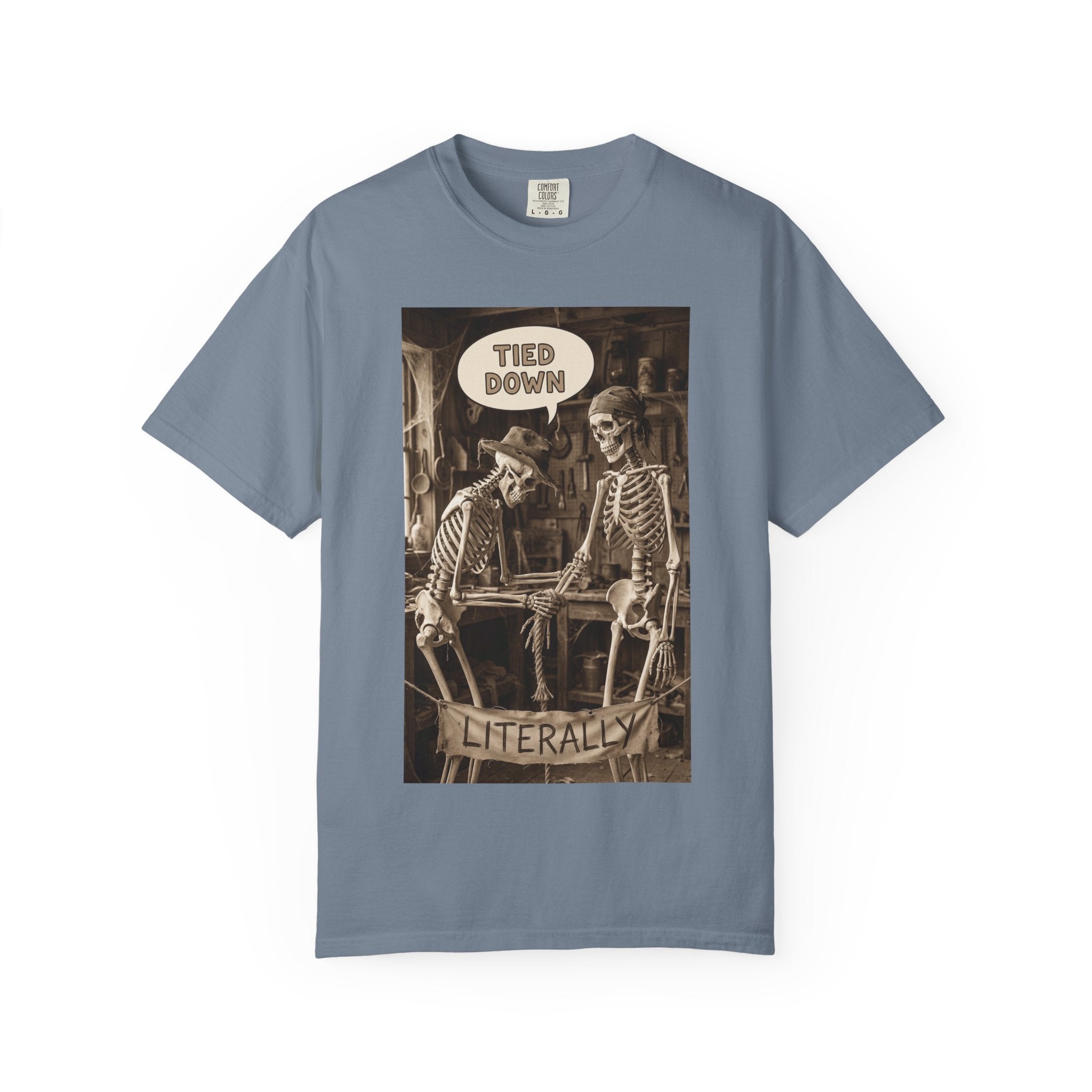 🪢 Tied Down Literally – Vintage Skeleton Satire & Dark Humor Streetwear Unisex Garment-Dyed T-shirt Blue Jean