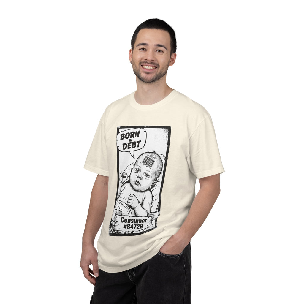 Born In Debt Shirt Social Satire Tee Anti Capitalism Gift Edgy Grunge Clothing Consumerism Barcode Graphic Retro Comic Art Shirt