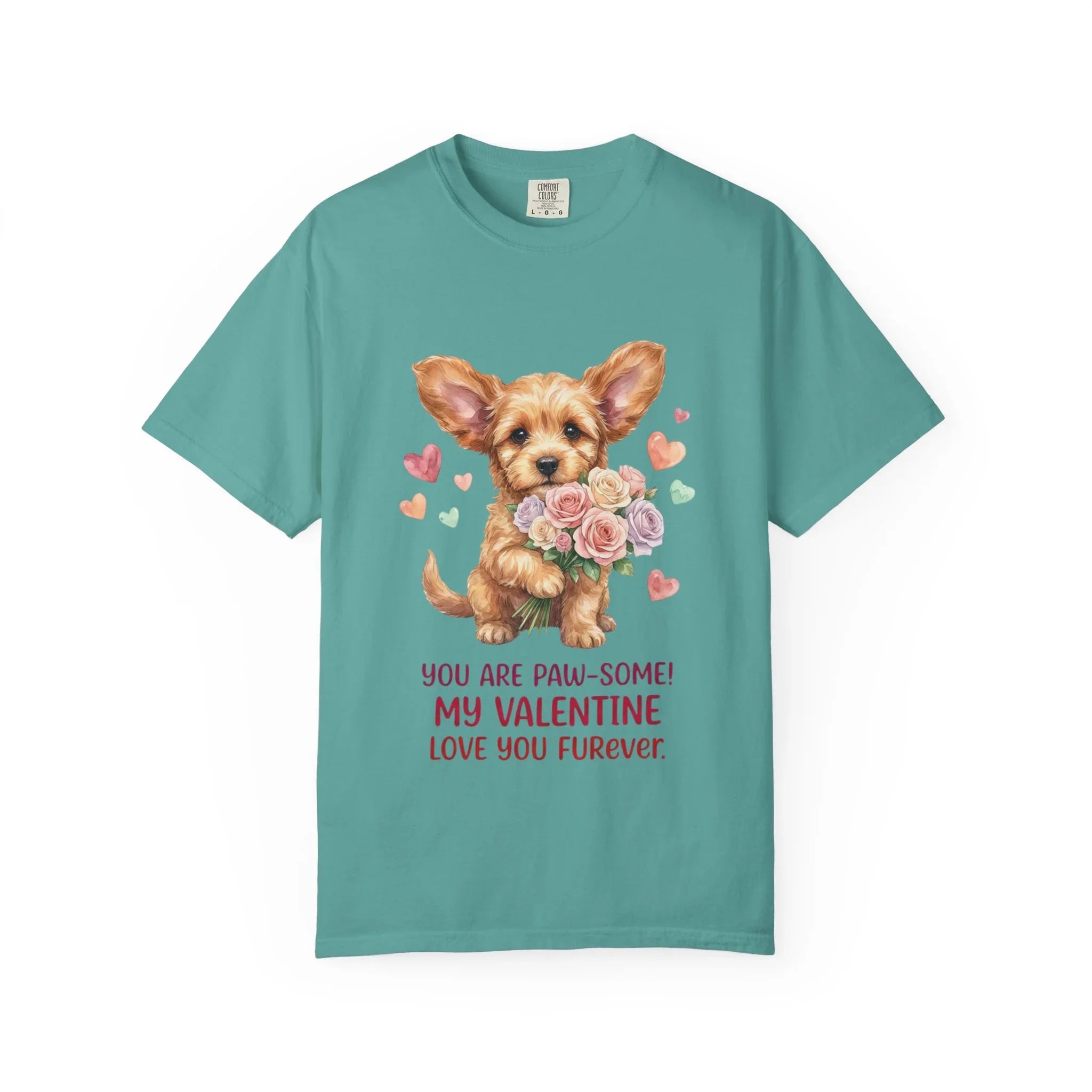 Cute Puppy Holding Roses Valentine T Shirt Paw-some Love You Furever Watercolor Cozy Vintage Aesthetic Gift Dog Lovers Soft Cotton Romantic Seafoam