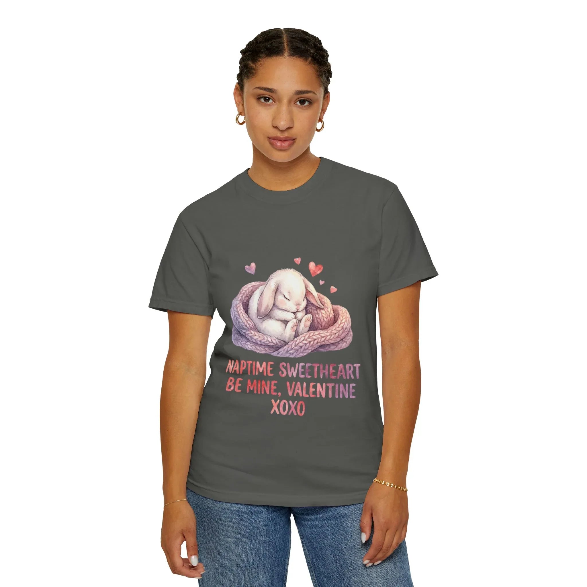 Sleeping Bunny Nest Valentine T Shirt Naptime Sweetheart Be Mine XOXO Watercolor Cozy Vintage Aesthetic Gift Bunny Lovers Romantic Tee