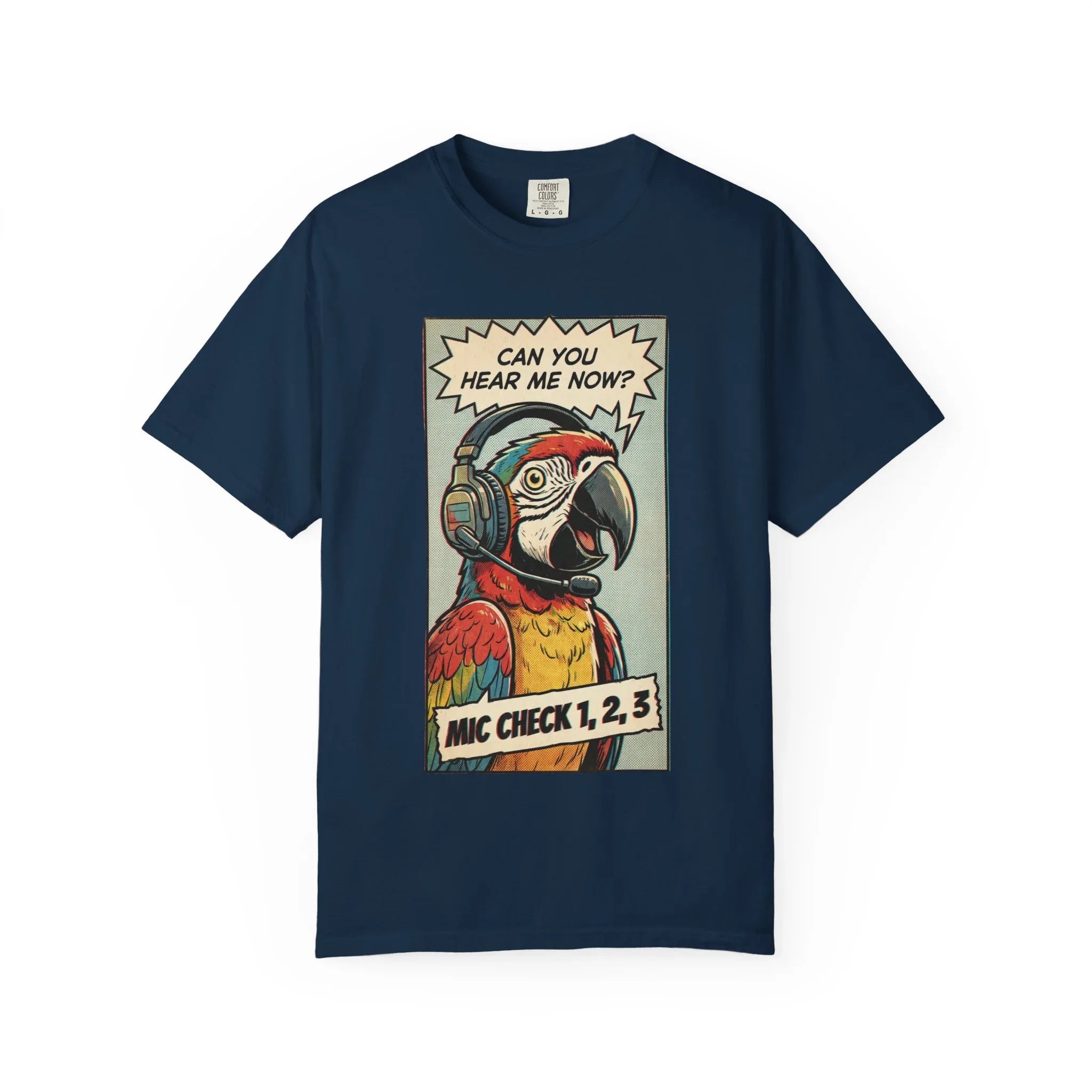 Funny Parrot Gamer Shirt - Vintage Comic Pop Art T-Shirt - Retro Macaw Bird "Mic Check" Graphic Tee - Sarcastic Podcast & Streamer Gift - Aesthetic Bird Lover Streetwear True Navy