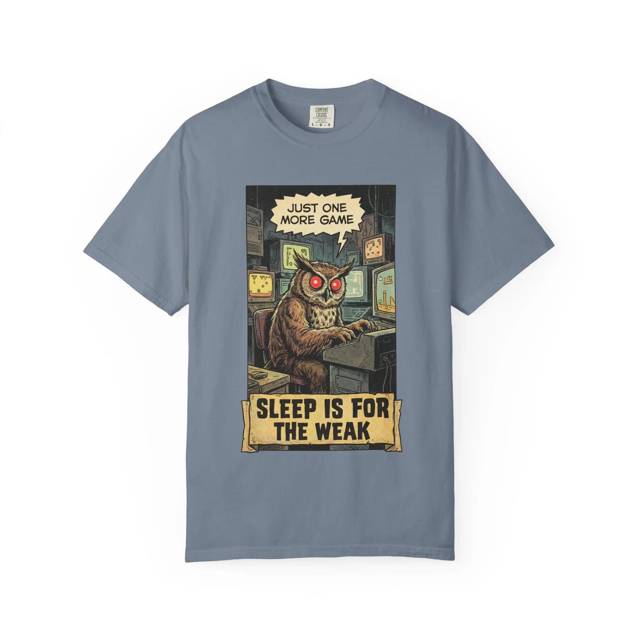 Funny Gamer Owl Shirt - "Just One More Game" Retro T-Shirt - Sarcastic Sleep is for the Weak Graphic Tee - Vintage Night Owl Gaming Gift - Gamer Husband & Boyfriend Gift Blue Jean