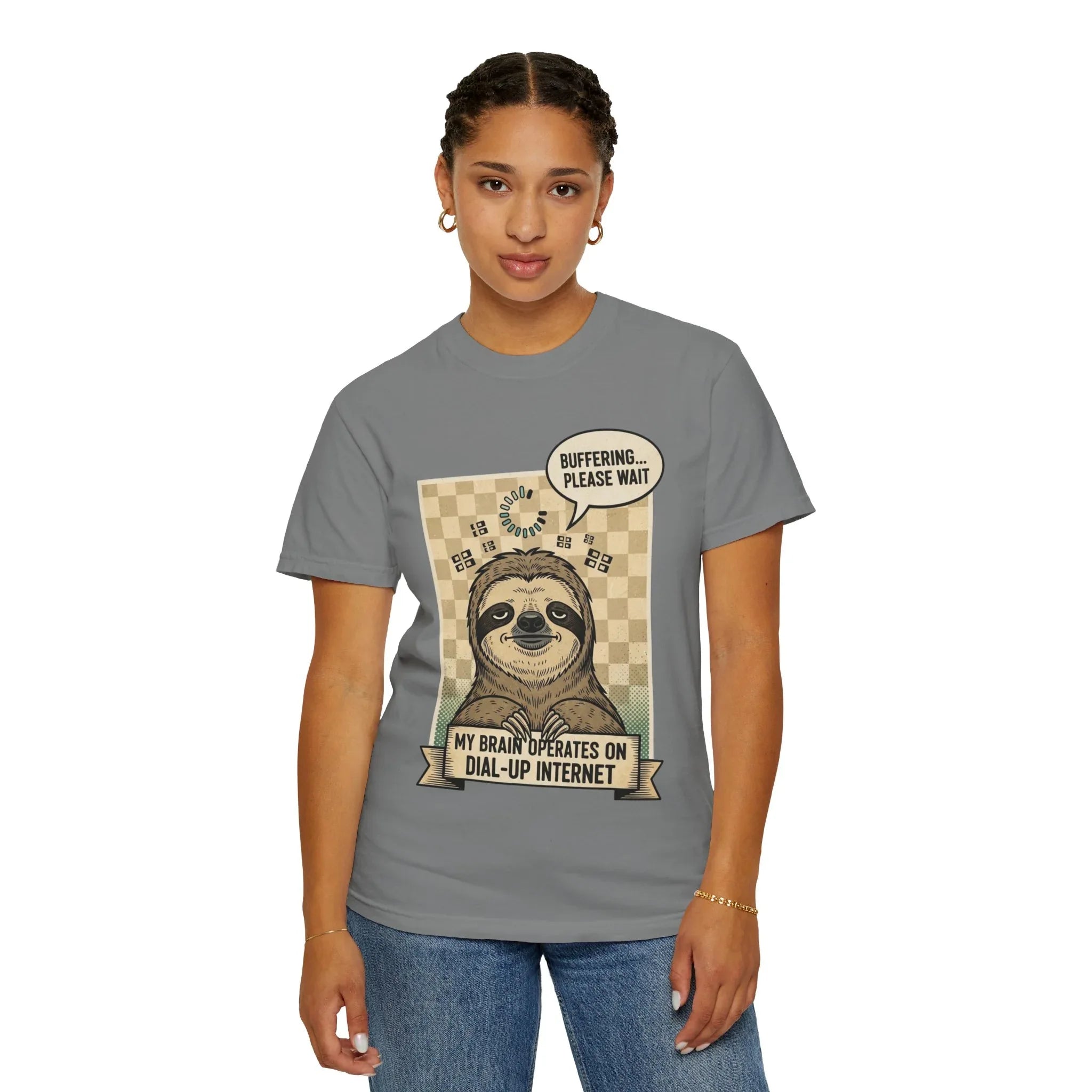 Funny Sloth Shirt - Retro 90s Dial-Up Internet Tee - "My Brain Operates on Dial-Up" Buffering Graphic T-Shirt - Sarcastic Sloth Lover Gift - Vintage Style Comfort Colors Apparel