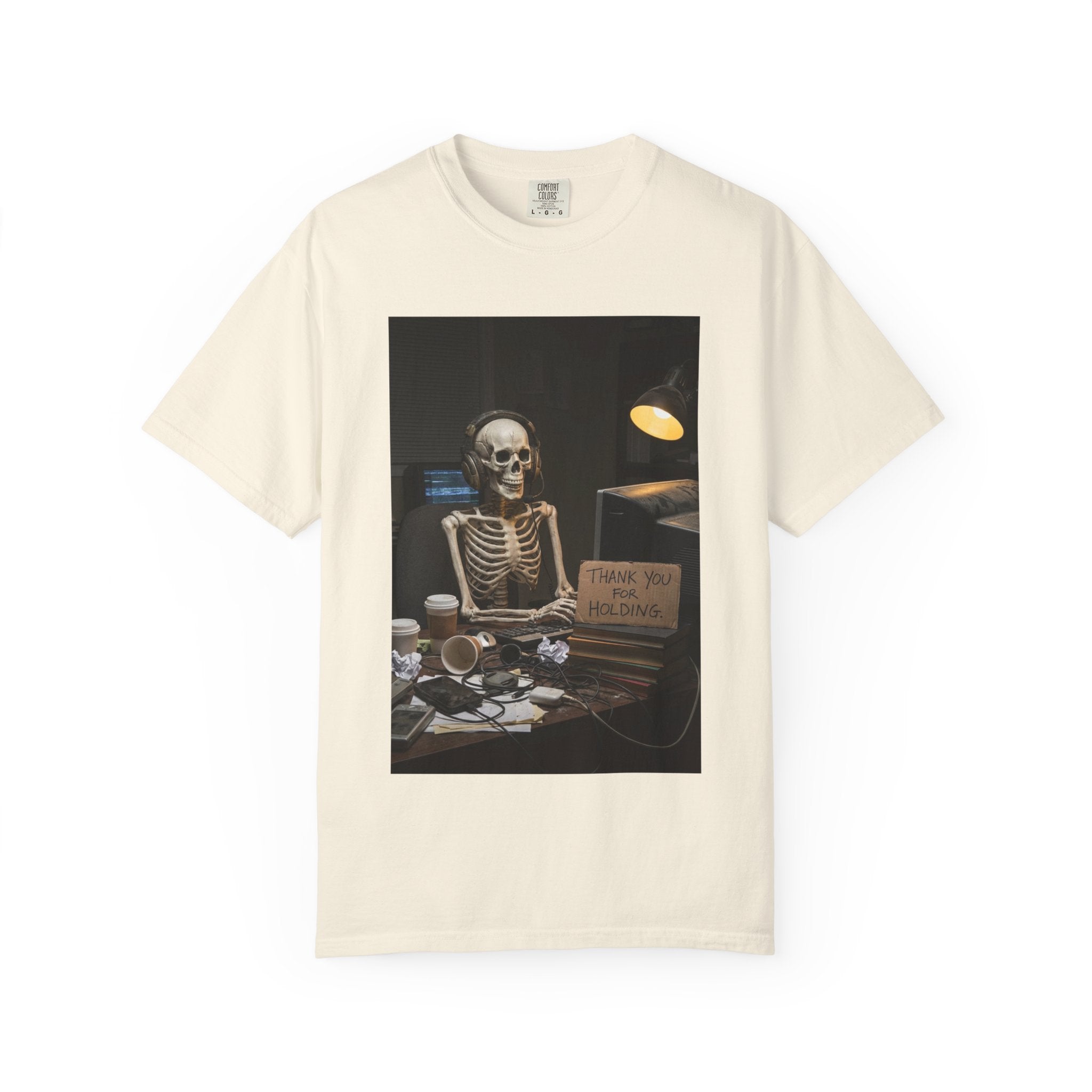 Thank You For Holding Shirt - Skeleton Customer Service Tee - Funny Call Center Humor - Sarcastic Work From Home Gift - Vintage Dark Humor Ivory