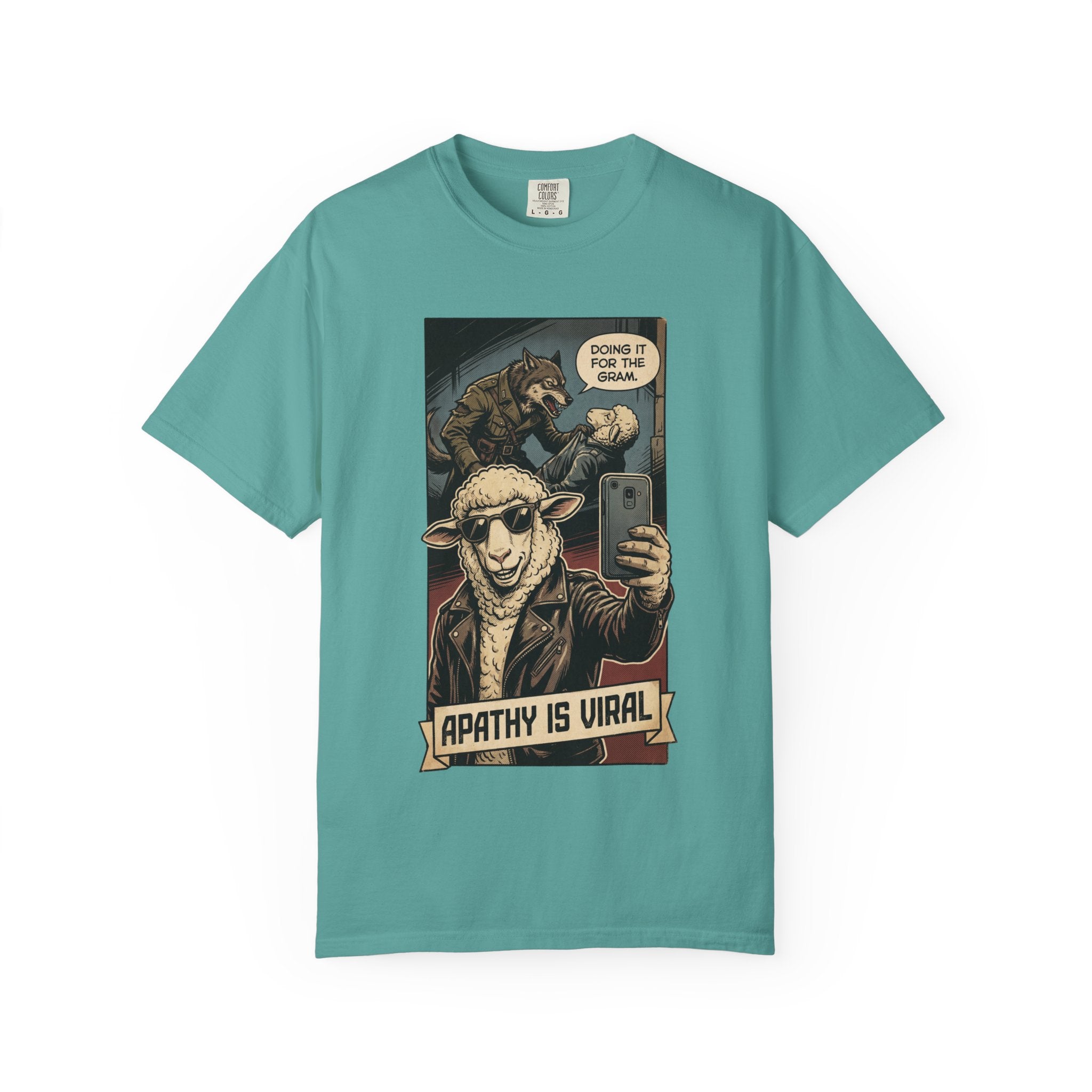 Apathy Is Viral Shirt Vintage Comic Graphic Tee Retro Satirical Humor Shirt Social Media Sarcasm Gift Streetwear Art Seafoam