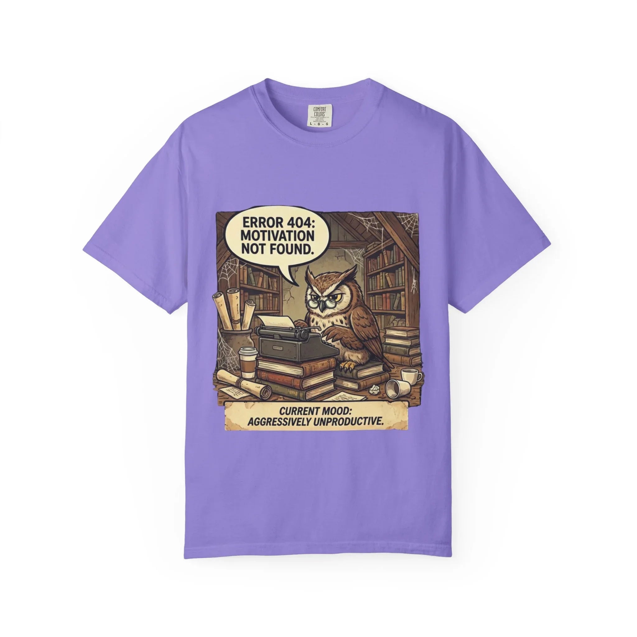 Error 404 Motivation Not Found Owl T-Shirt | Bookish Humor Study Vibes | Funny Programmer Gift | Vintage Sarcastic Student Tee Violet