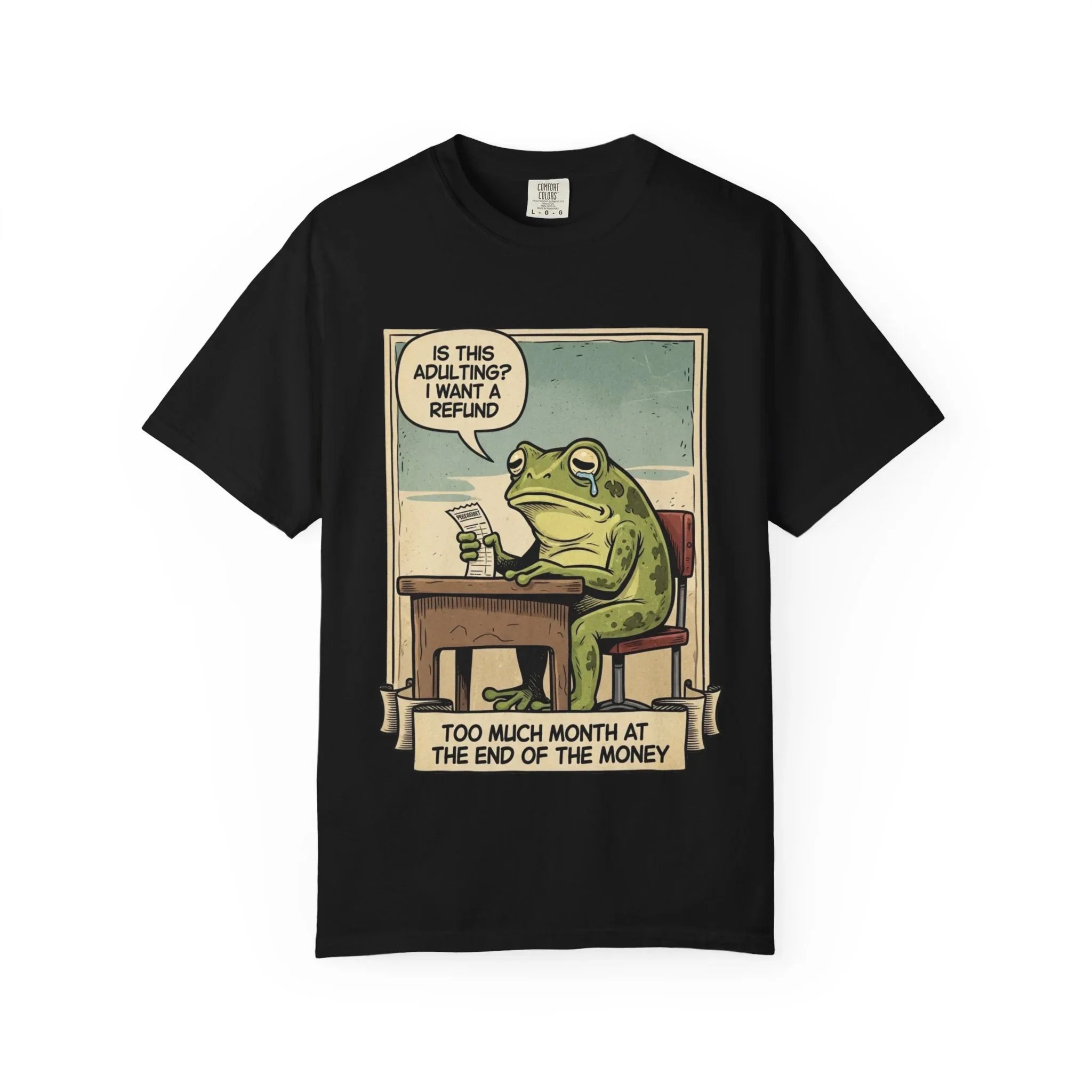 Funny Adulting Shirt - Sad Frog Meme Hoodie - "Too Much Month at the End of My Money" Sweatshirt - Vintage Aesthetic Millennial Financial Humor - Relatable Broke Friend Gift Black