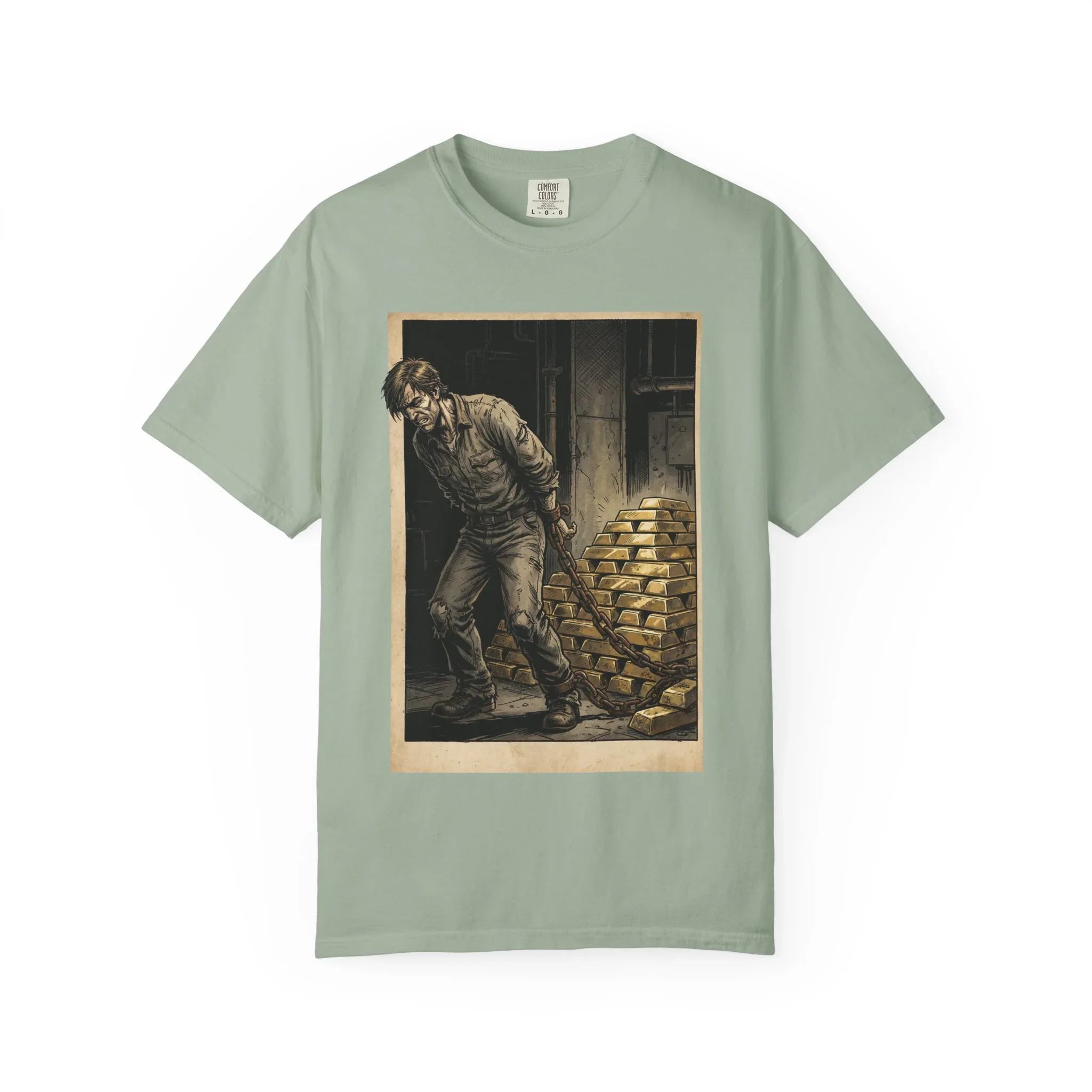 Heavy Gold Chains Satirical Shirt - Gritty Comic Art Tee - "Golden Burden" Wealth Trap Graphic - Vintage Prisoner of Greed Gift - Dark Humor Satire Streetwear Bay