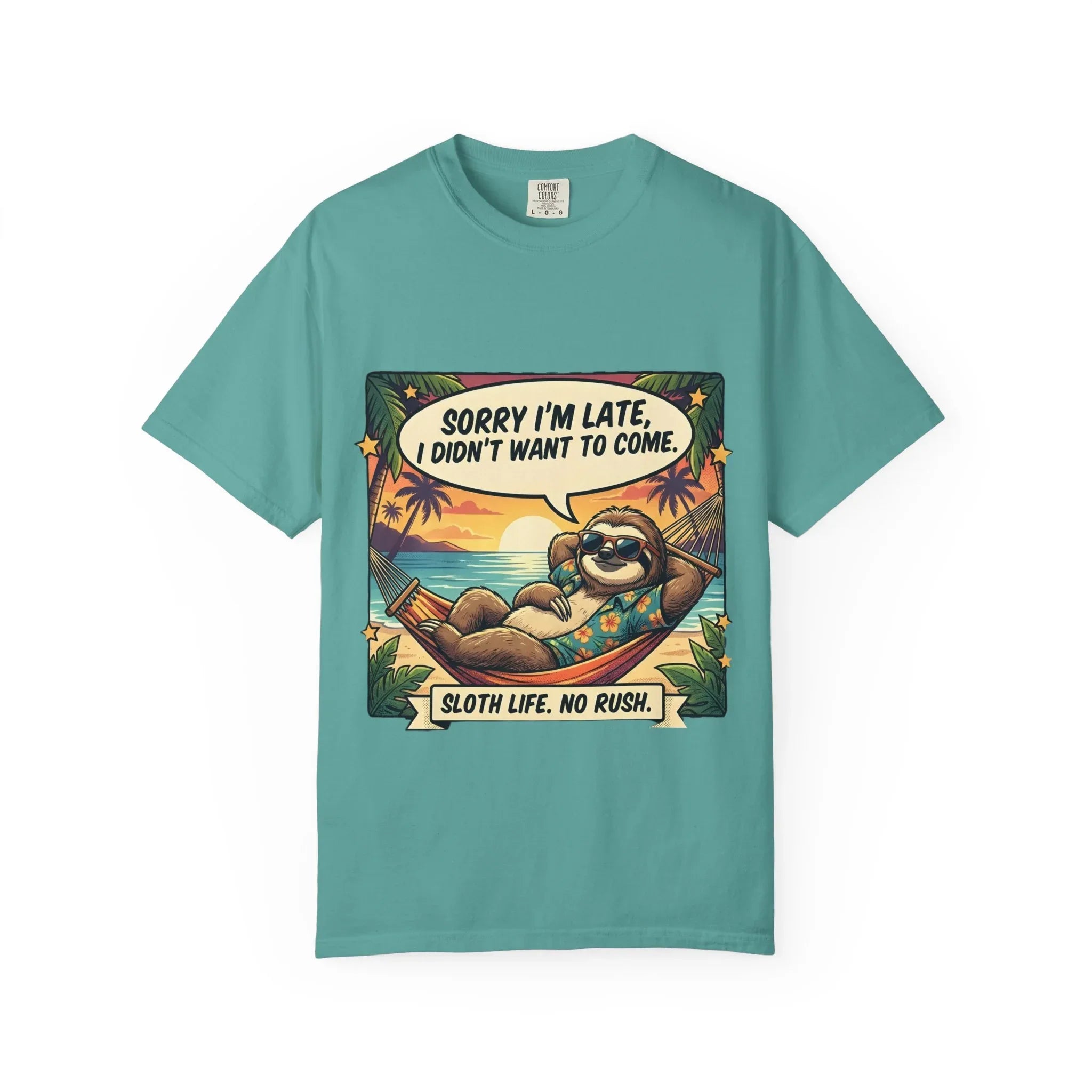 Sorry Im Late Sloth Hammock T-Shirt | Sloth Life No Rush Tee | Beach Chill Humor Gift | Vintage Tropical Lazy Shirt Seafoam