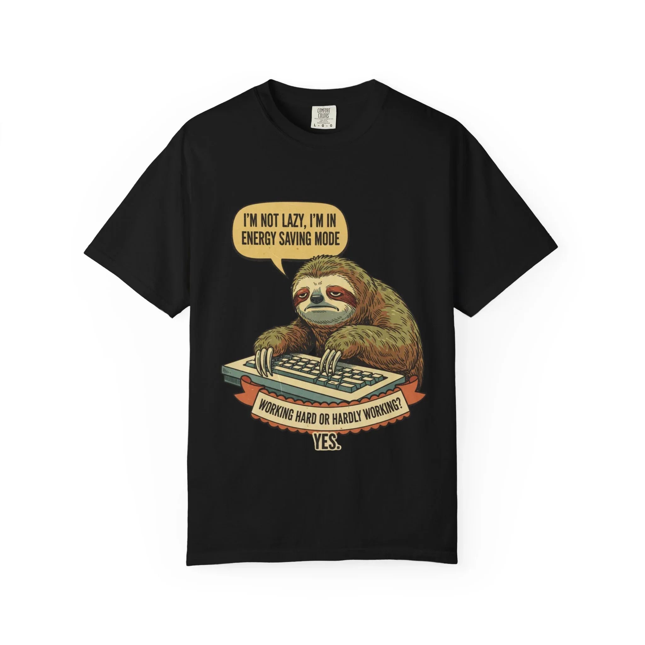 Funny Sloth Shirt - "I'm In Energy Saving Mode" Office Humor Tee - Programmer T-Shirt - Lazy Animal Lover Gift - Retro Style Sloth Graphic Tee Black