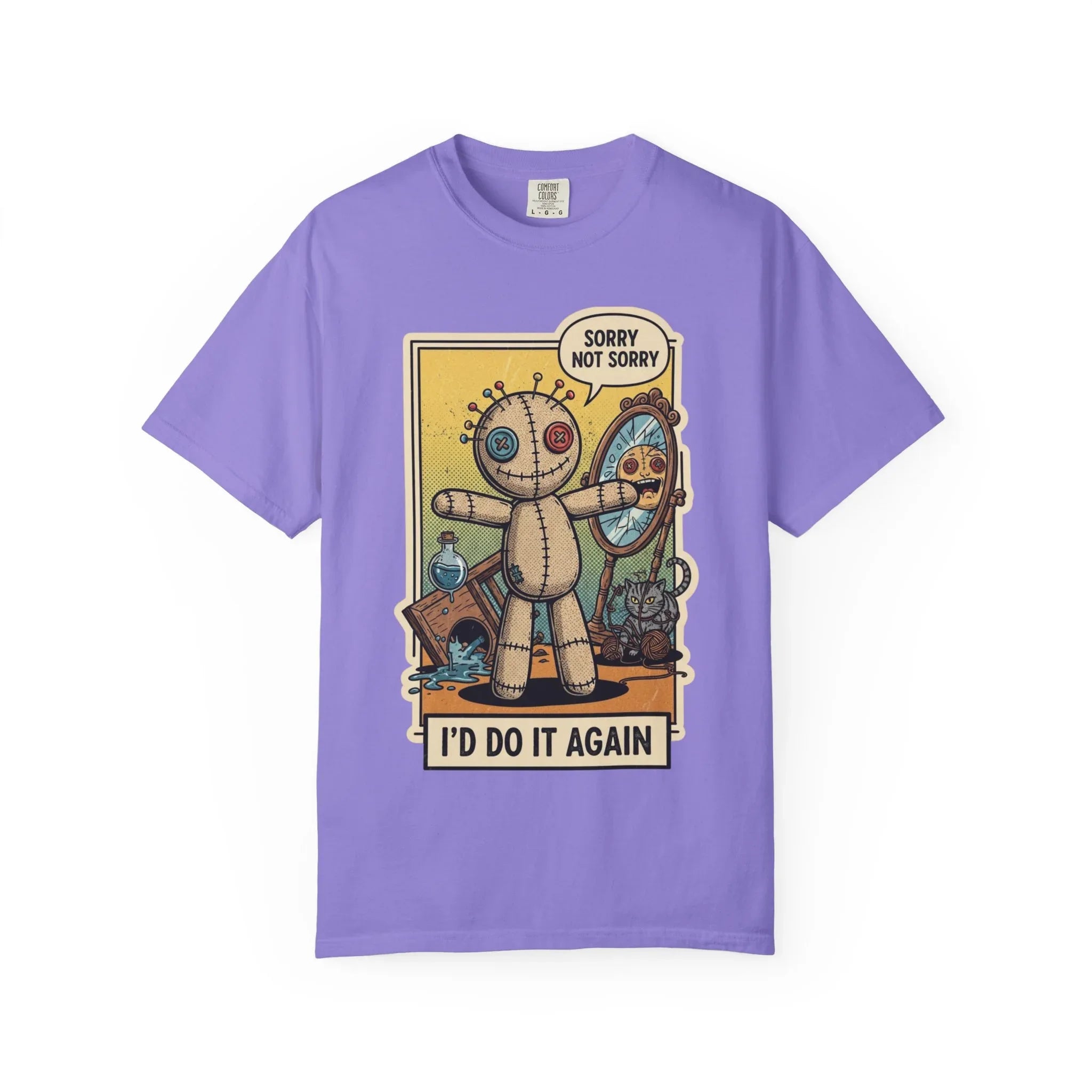 Sorry Not Sorry Voodoo Doll Shirt - Sarcastic "I'd Do It Again" Graphic Tee - Retro Comic Dark Humor T-Shirt - Vintage Black Cat Aesthetic Streetwear - Unapologetic Mood Gift Violet