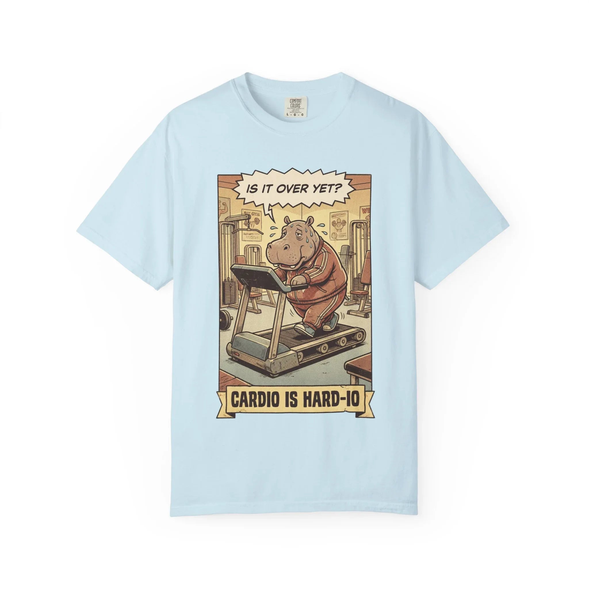 Funny Hippo Gym Shirt - "Cardio is Hard-io" Retro Workout Tee - Sarcastic Fitness Graphic T-Shirt - Vintage Runner & Weightlifter Gift - Humorous Exercise Streetwear Chambray