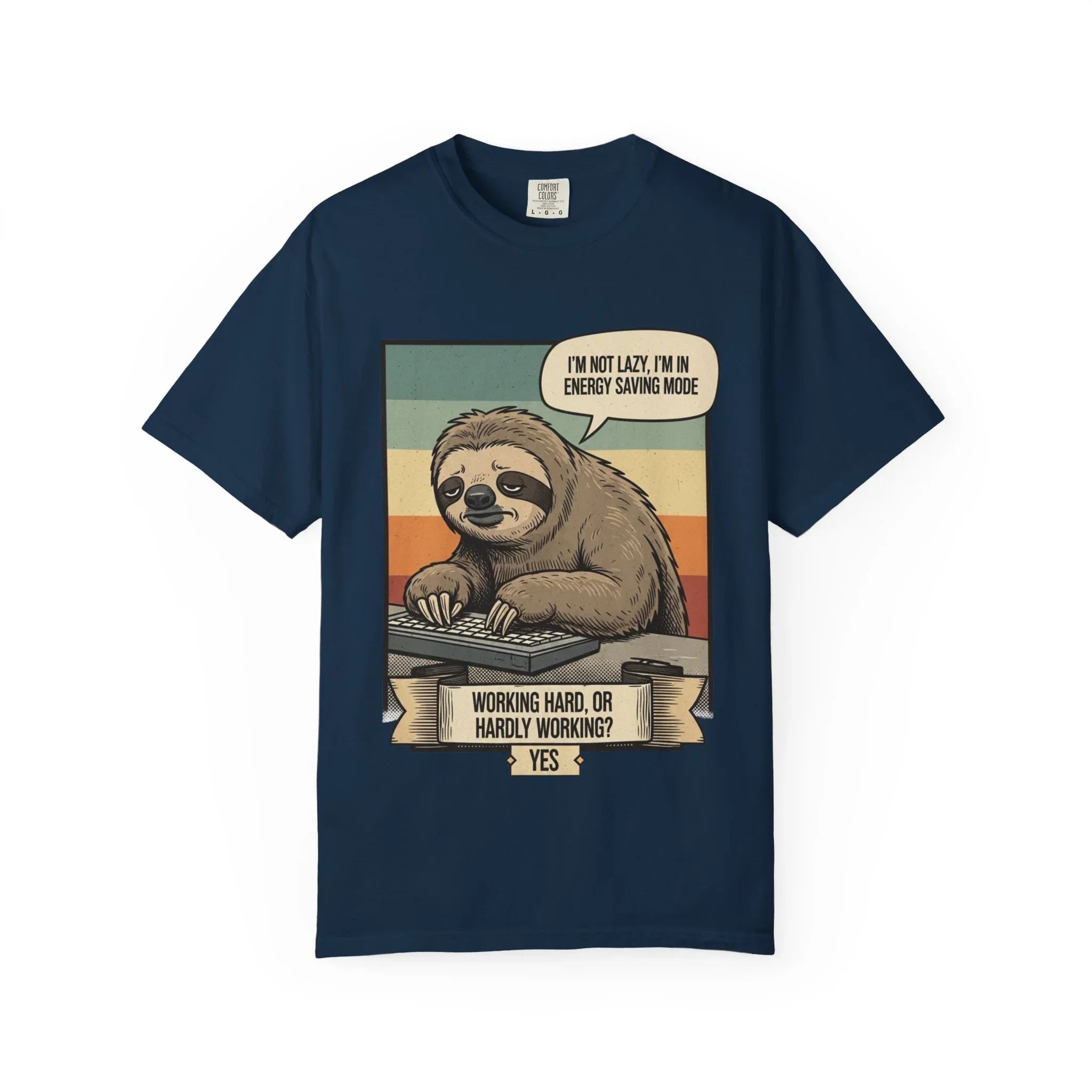 Funny Sloth Shirt - "I'm In Energy Saving Mode" T-Shirt - Office Humor Gift for Coworker - Lazy Animal Tee - Work From Home Graphic Tee - Retro Style Sloth Top True Navy