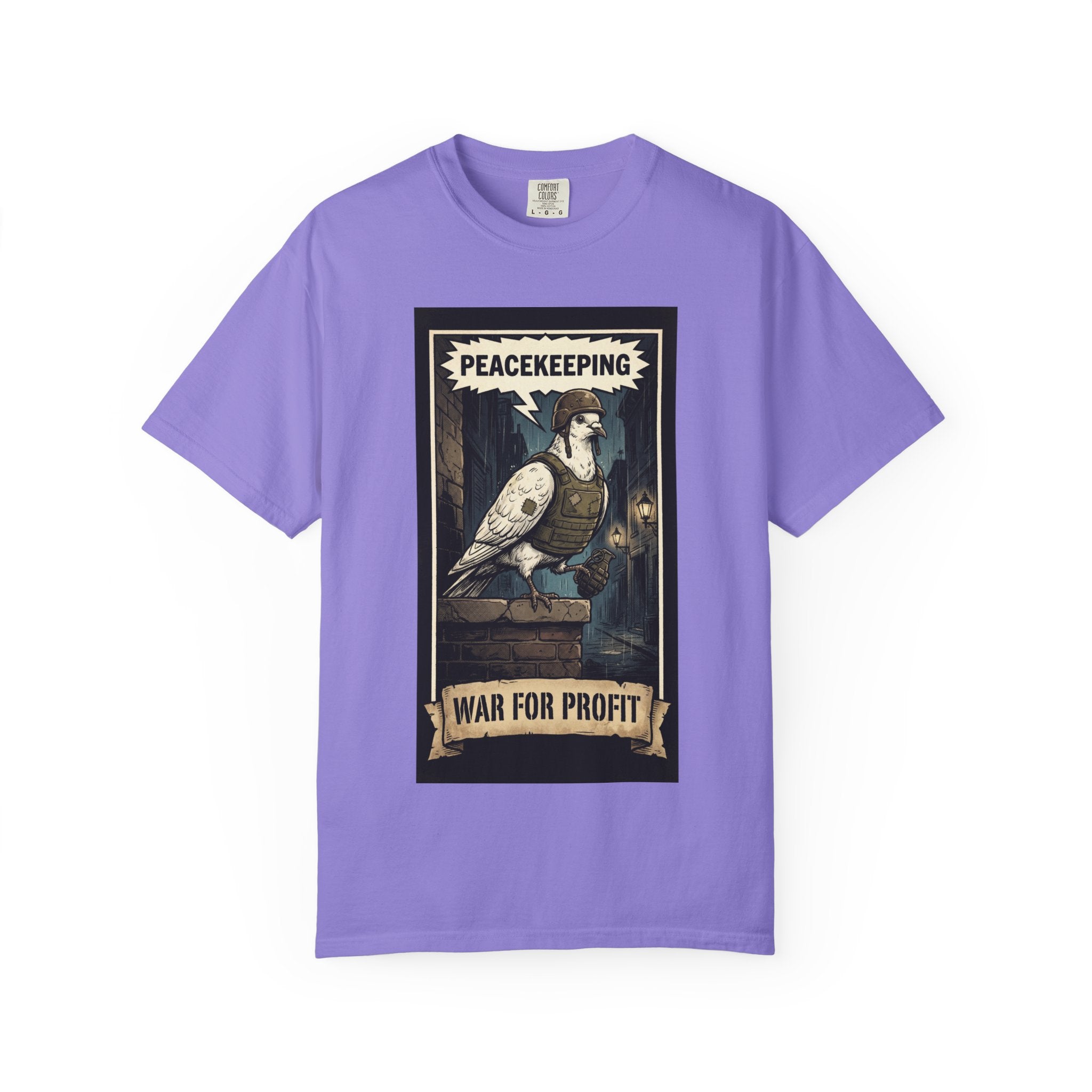 Peacekeeping War for Profit Shirt Anti War Political Satire Tee Vintage Dove Graphic Social Commentary Gift Retro Activist Apparel Violet