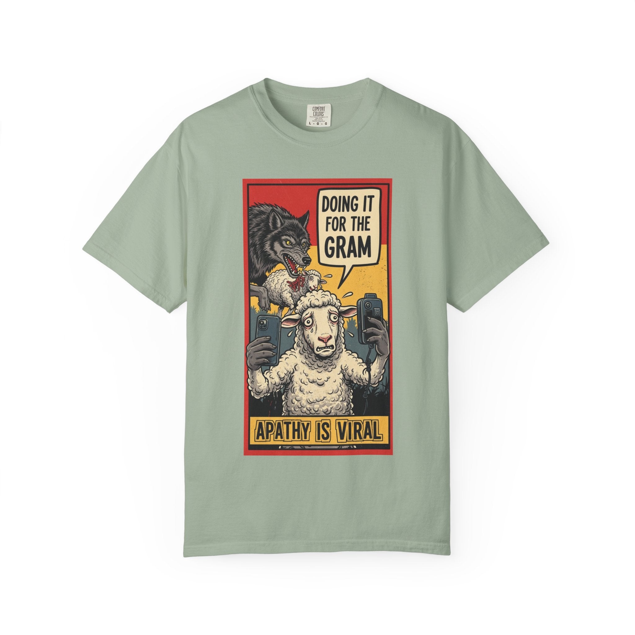 Doing It For The Gram Shirt Apathy Is Viral Satire Tee Social Media Critic Gift Wolf and Sheep Graphic Retro Aesthetic Edgy Apparel Bay