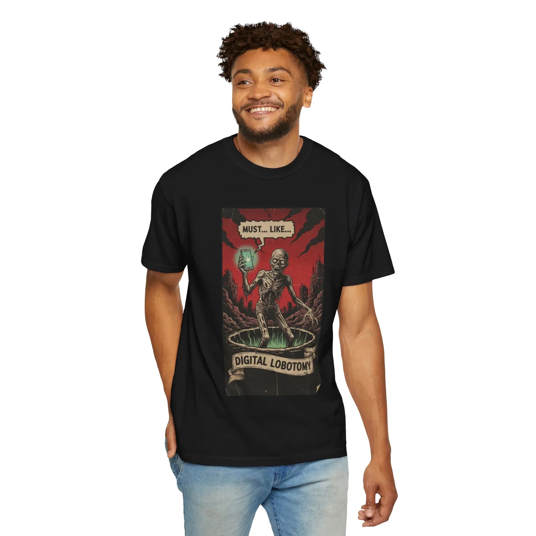 Digital Lobotomy Shirt - Vintage Horror Zombie T-Shirt - Social Media Satire Tee - Retro Comic Style Graphic Shirt - Smartphone Addict Dark Humor Gift - Tech Skeptic Streetwear