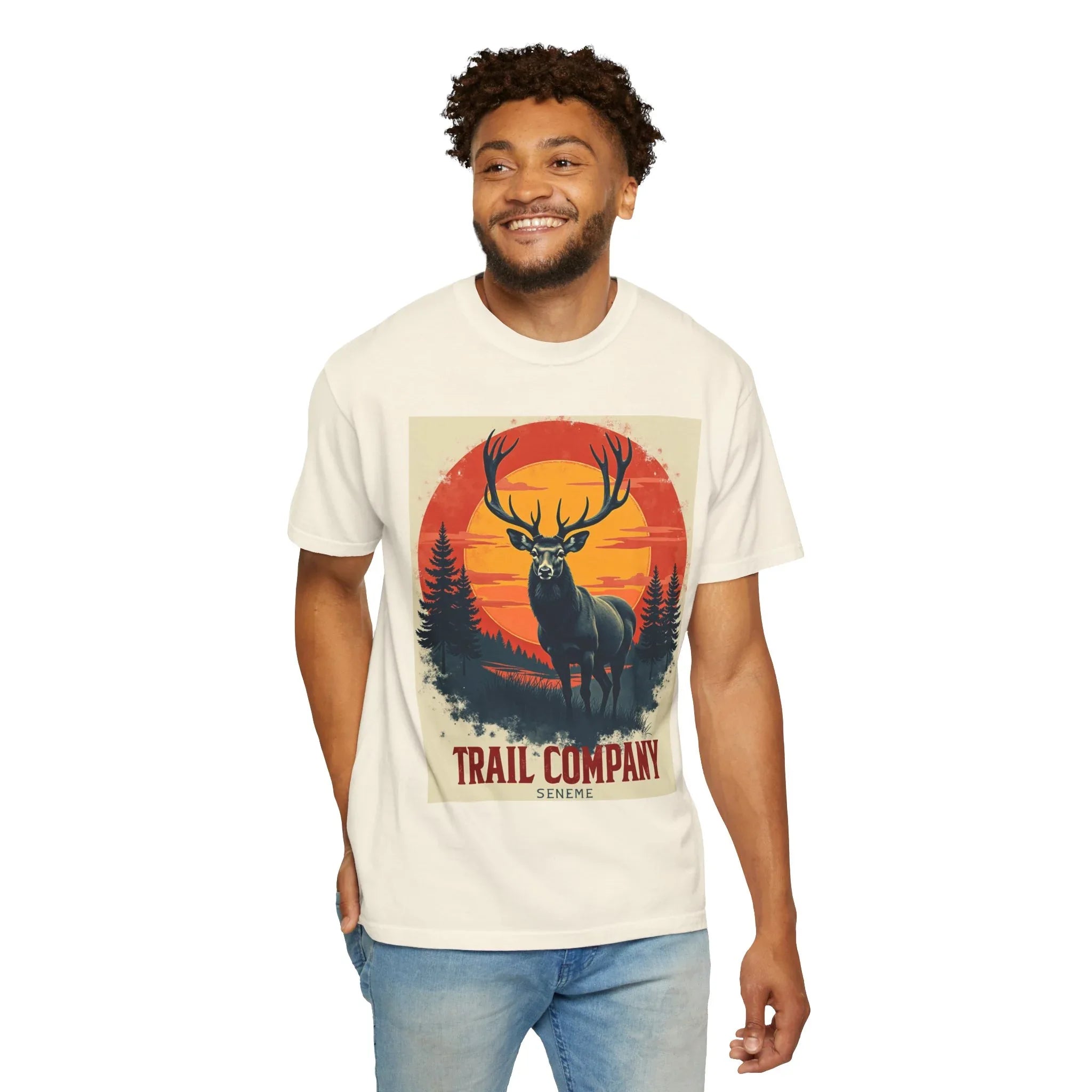 Stag Sunset Trail Company Shirt, Vintage Elk Deer Tee, Retro Sunset Forest T-Shirt, Hiking Camping Cabin Outdoors Gift Ivory