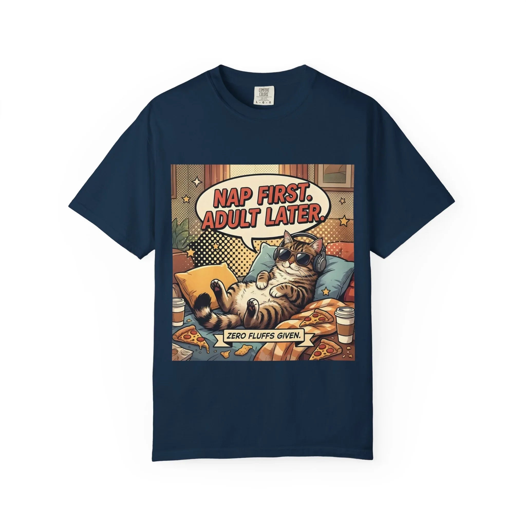 Nap First Adult Later T-Shirt | Retro Cat Comic Lazy Illustration | Cozy Humor Gift | Vintage Anti Adulting Tee True Navy